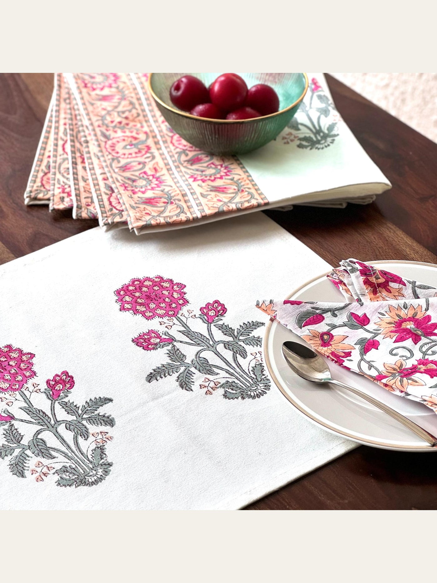 Floral Block Print Placemats with Napkins Set Peach