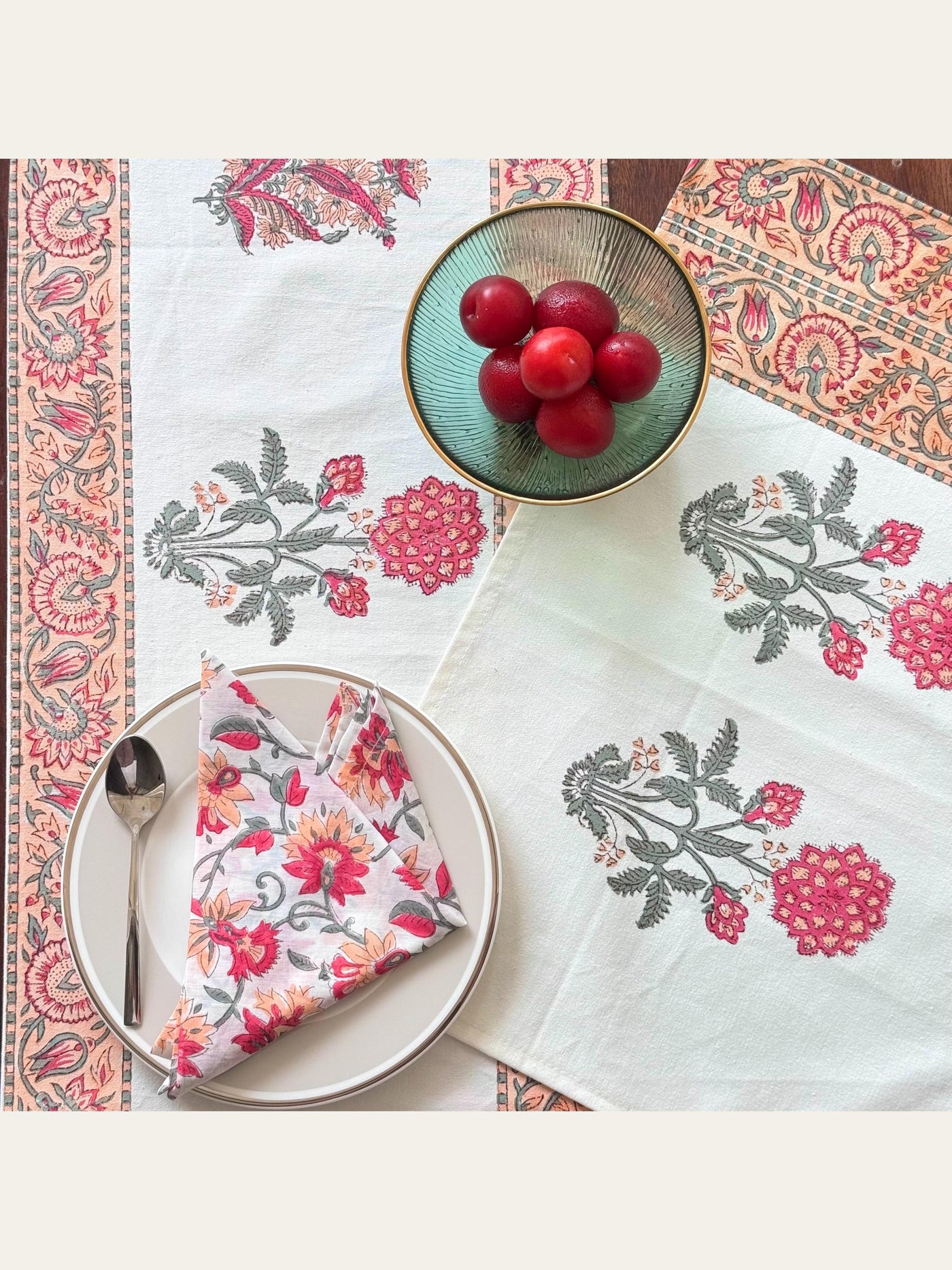 Floral Block Print Placemats with Napkins Set Peach