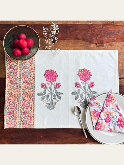 Floral Block Print Placemats with Napkins Set Peach