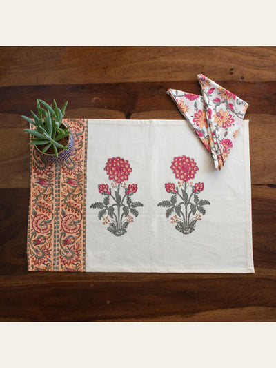 Floral Block Print Placemats with Napkins Set Peach