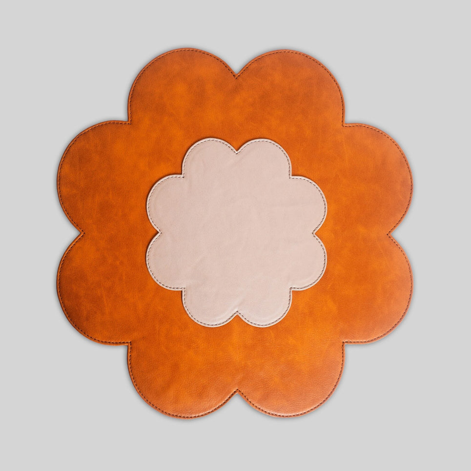 Floral leather table mat close up embossed detail India - The Mage Home
