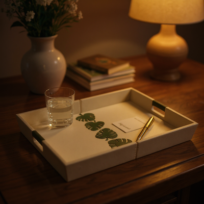 The Botanical Tray big genuine leather botanical leaf design tray India - The Mage Home