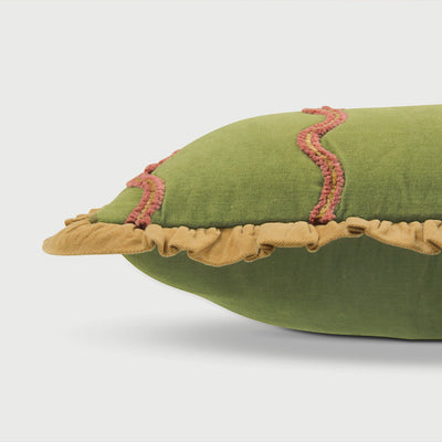 Aria Ruffle Forest Green Embroidered Lumbar Cushion Cover