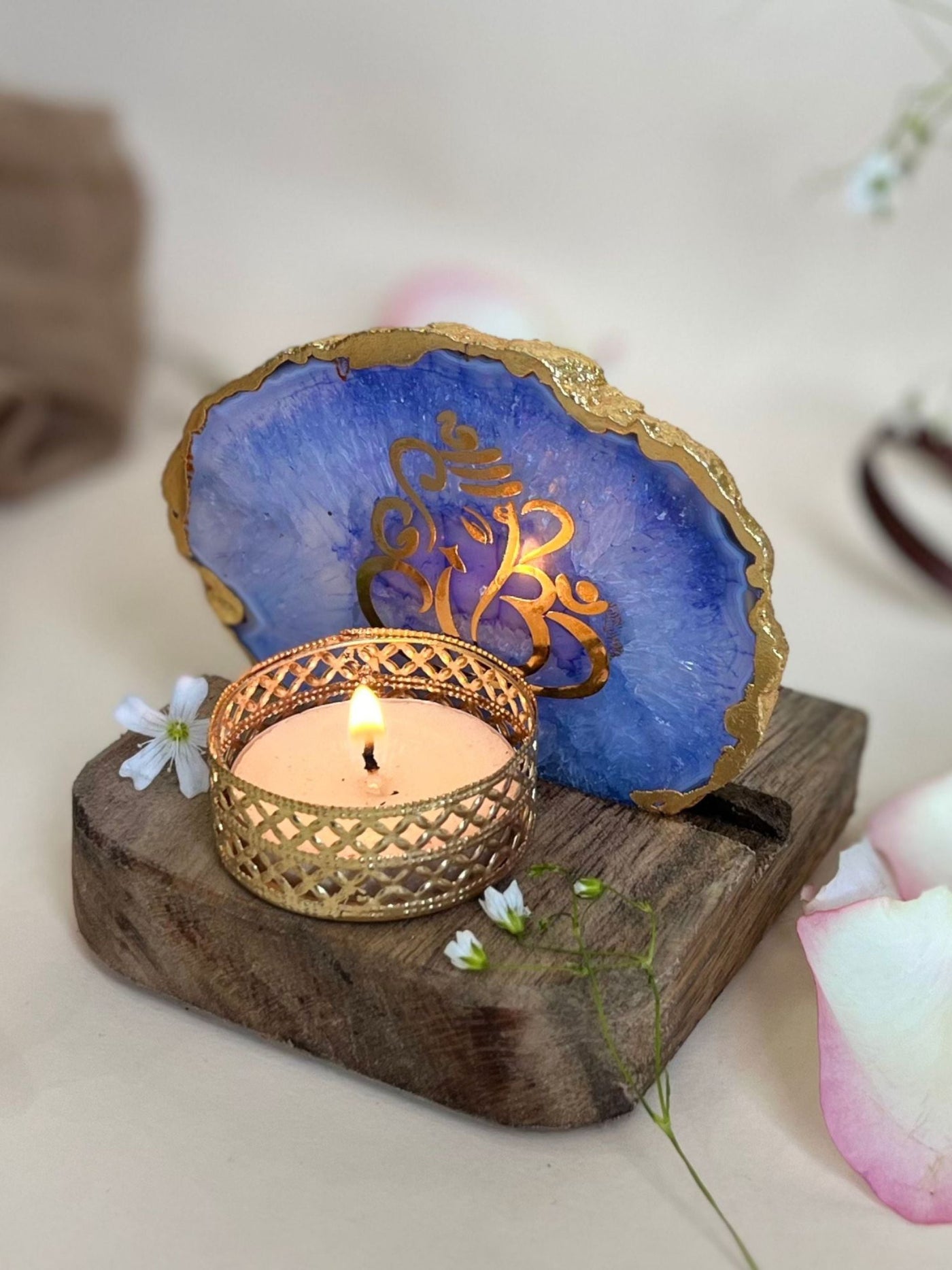 Ganesh Ji Tea Light Holder Blue Agate with Wood