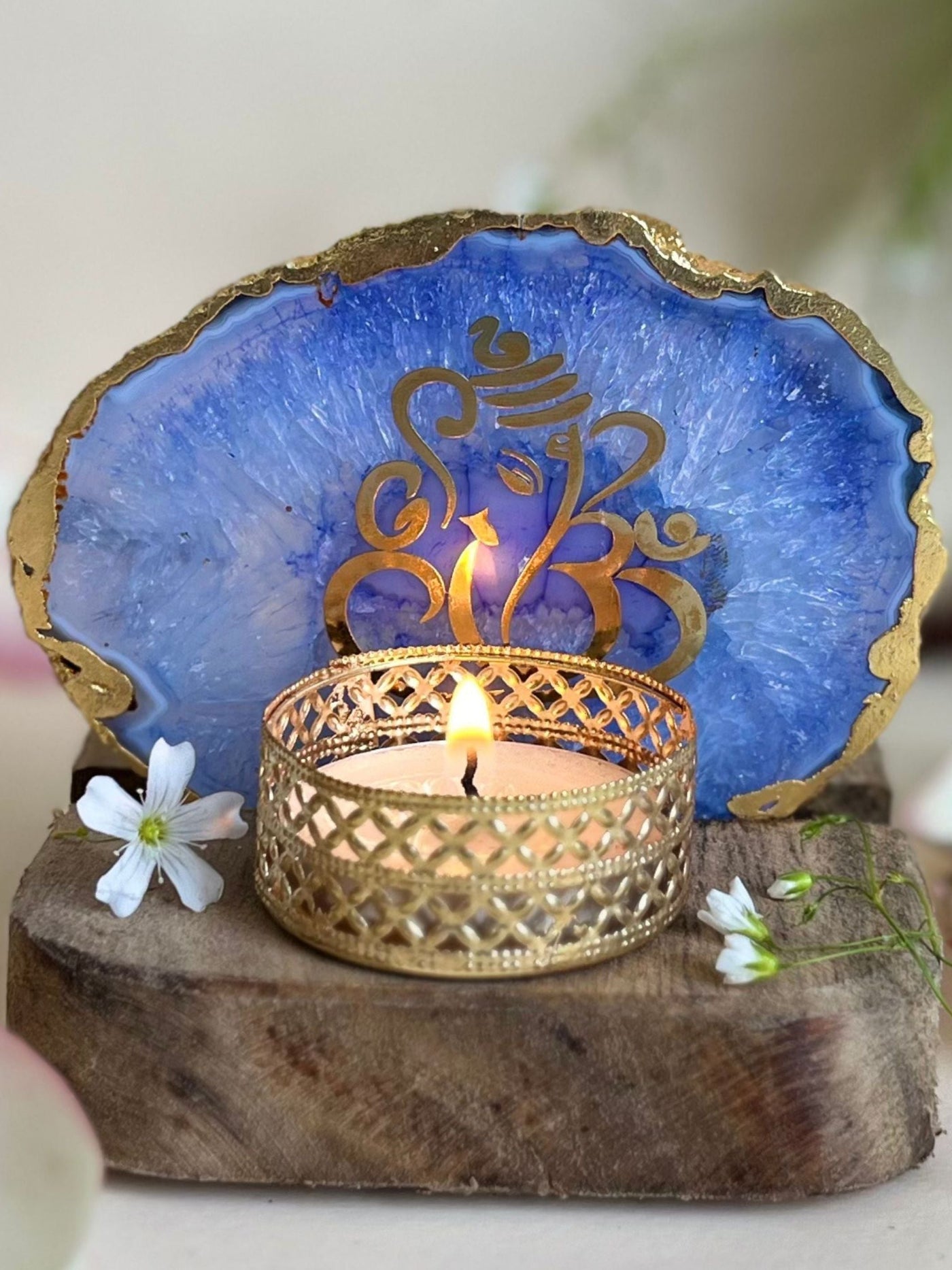 Ganesh Ji Tea Light Holder Blue Agate with Wood
