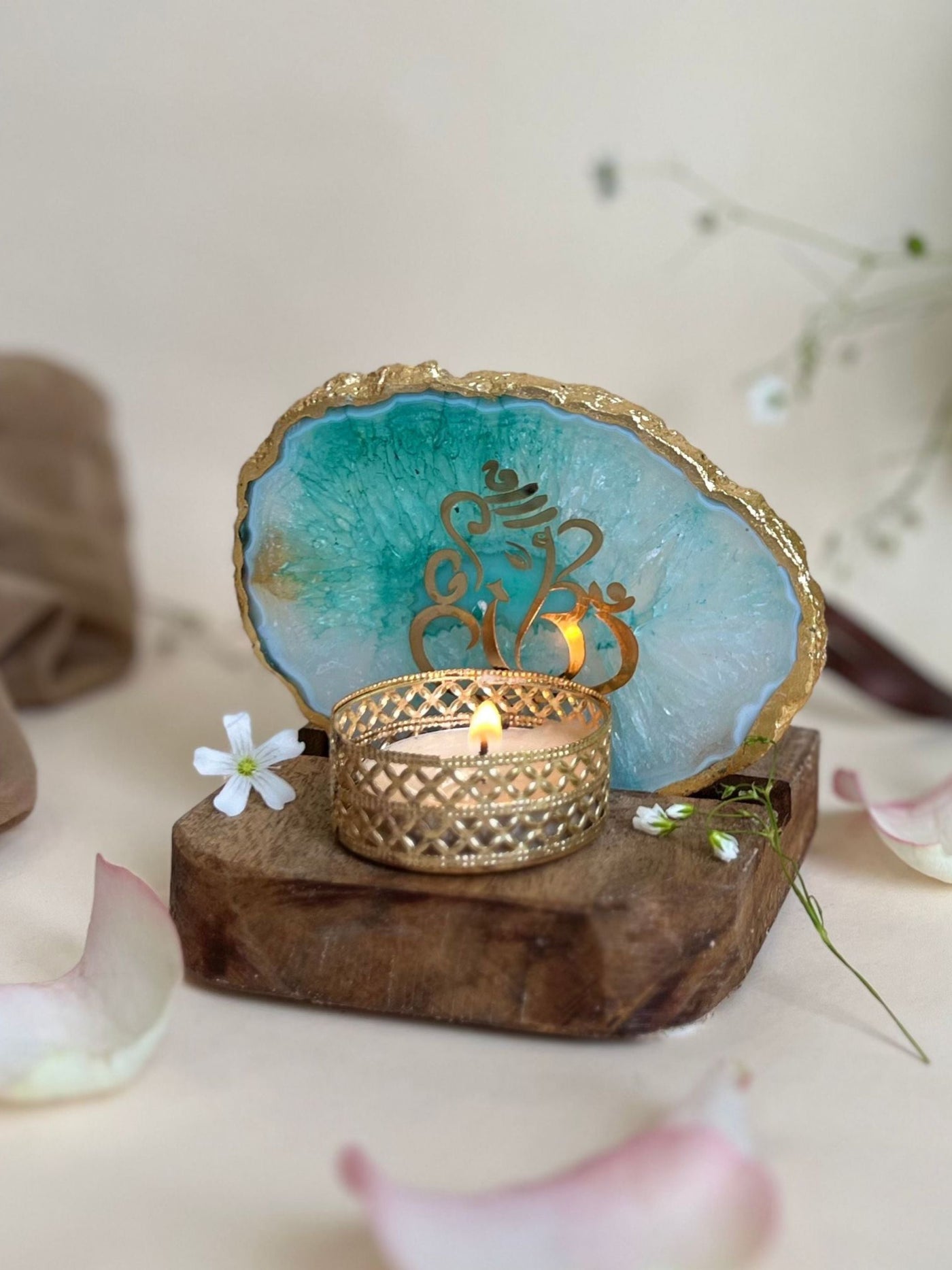 Ganesh Ji Tea Light Holder Green Agate with Wood