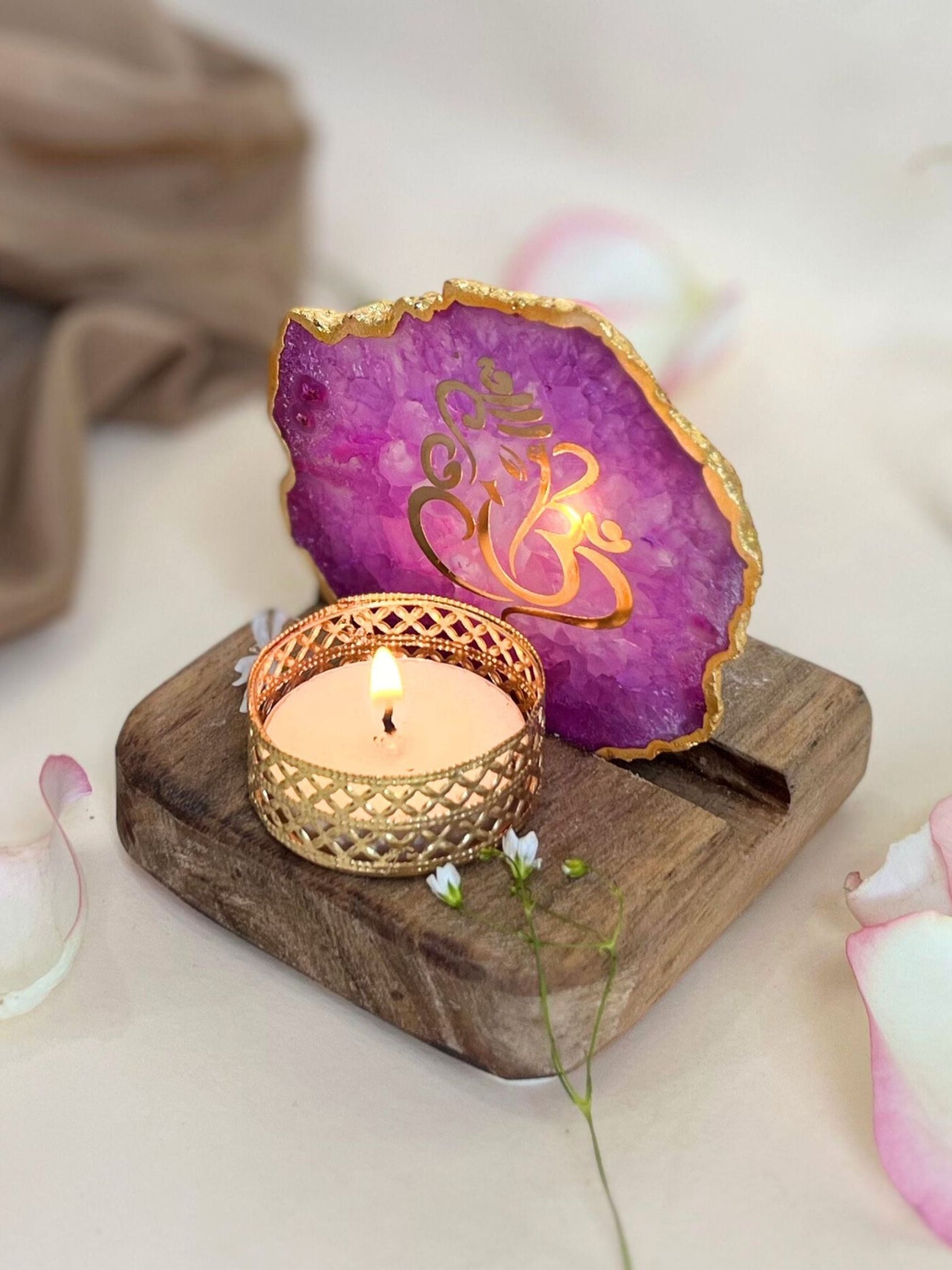 Ganesh Ji Tea Light Holder Pink Agate with Wood
