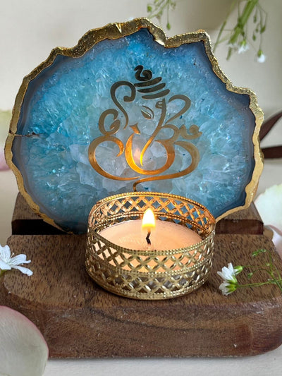 Ganesh Ji Tea Light Holder Turquoise Agate with Wood