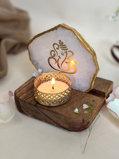 Ganesh Ji Tea Light Holder White Agate with Wood