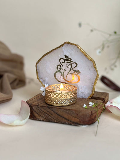 Ganesh Ji Tea Light Holder White Agate with Wood
