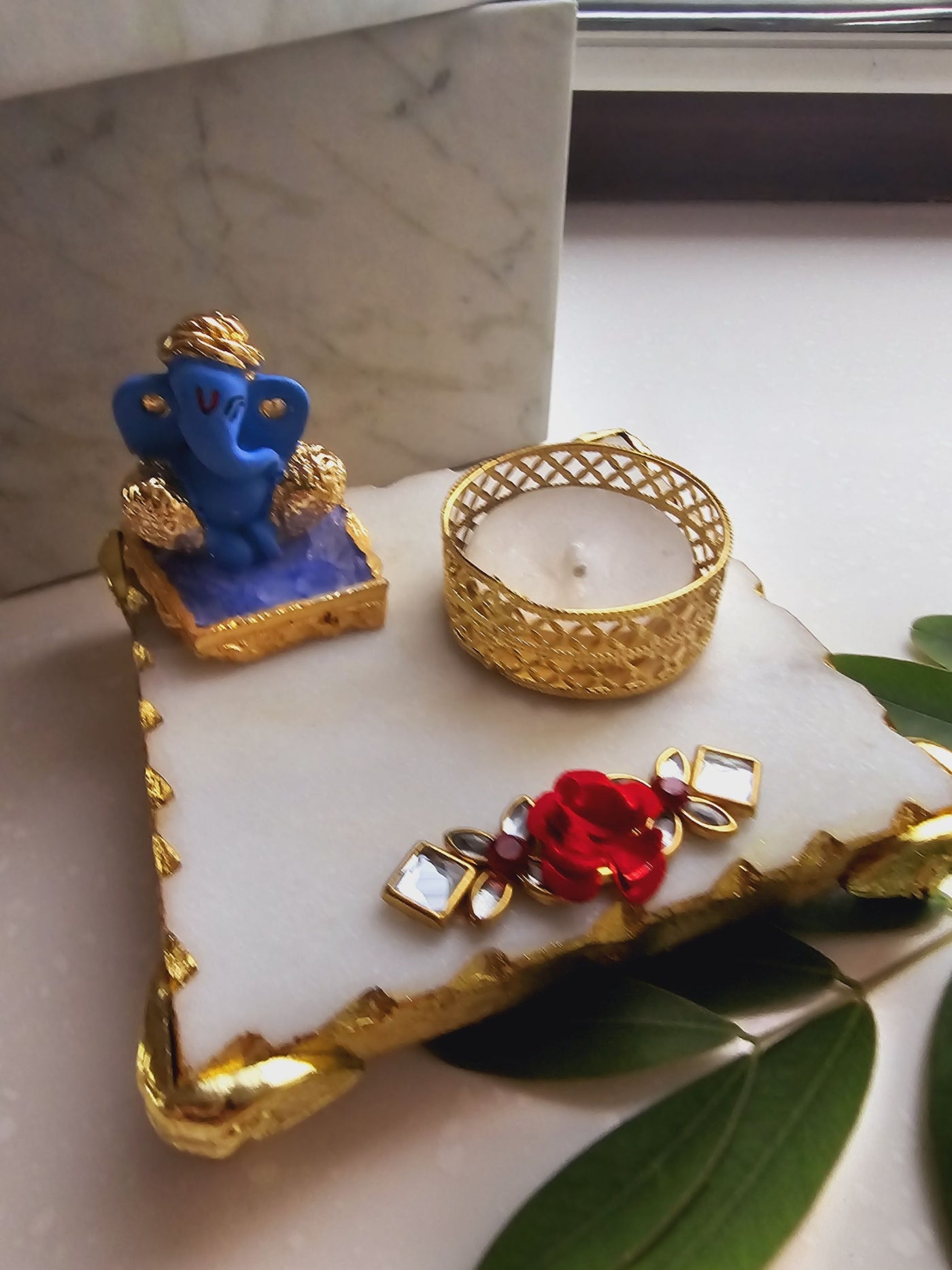 Ganesha & Marble Pooja Chowki and Tea Light Holder Blue