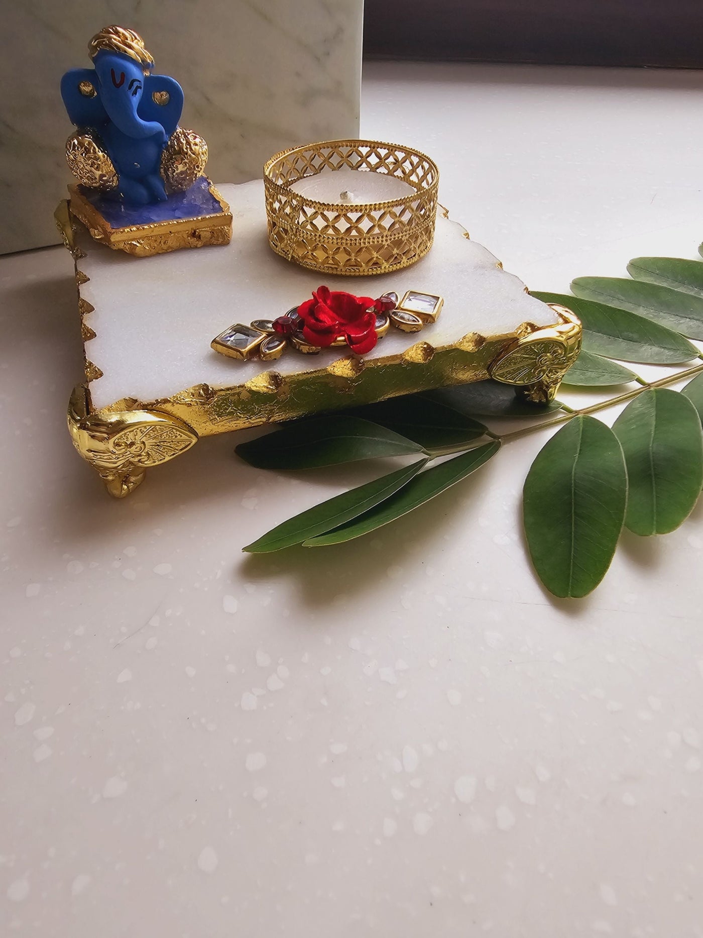 Ganesha & Marble Pooja Chowki and Tea Light Holder Blue