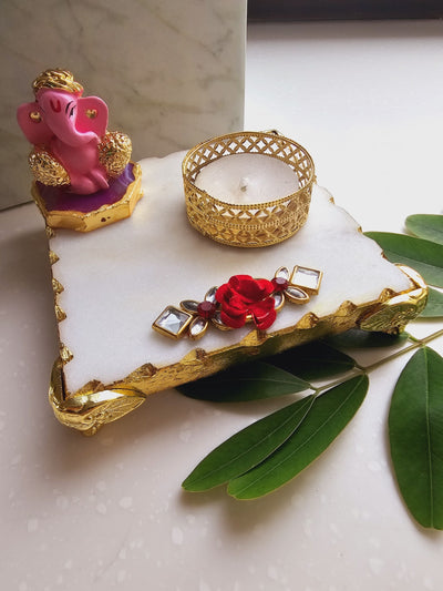 Ganesha & Marble Pooja Chowki and Tea Light Holder Pink