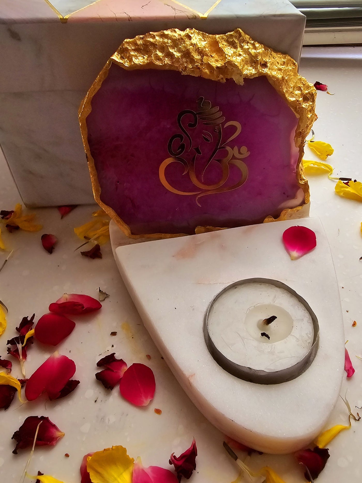 Ganesha Agate & Marble Base Tea Light Holder Pink