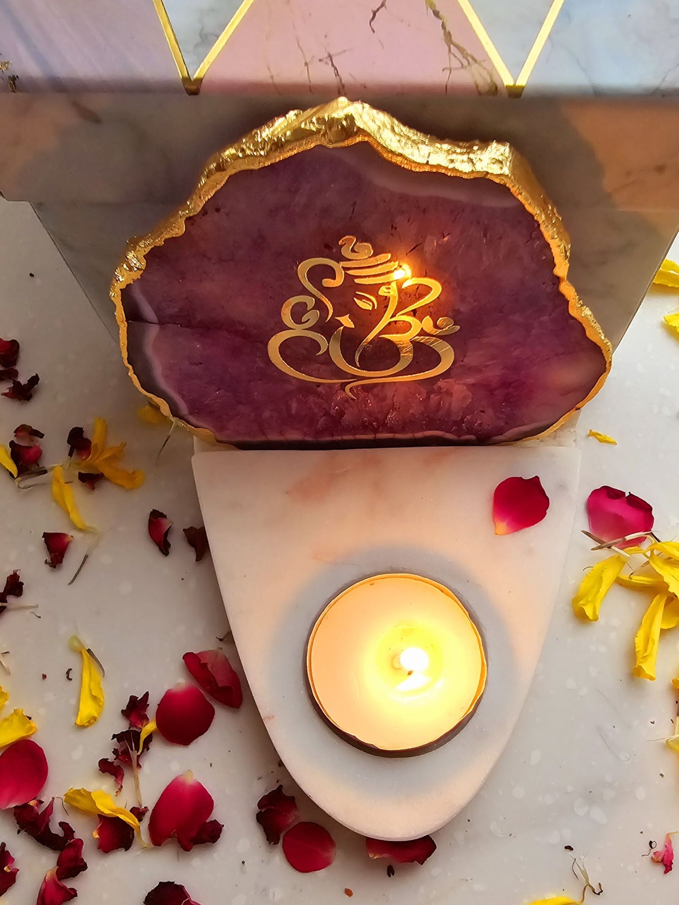 Ganesha Agate & Marble Base Tea Light Holder Pink