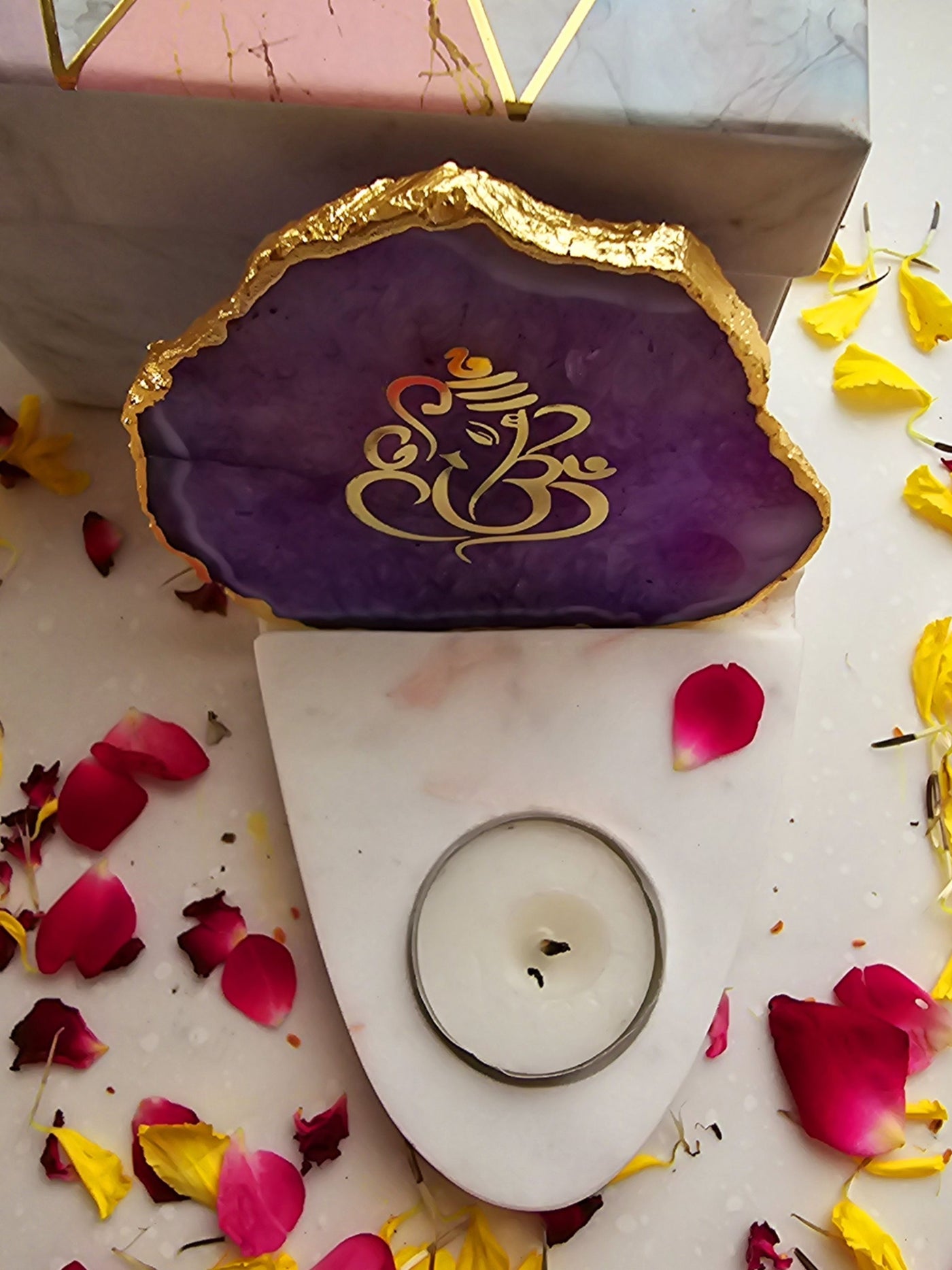 Ganesha Agate & Marble Base Tea Light Holder Purple