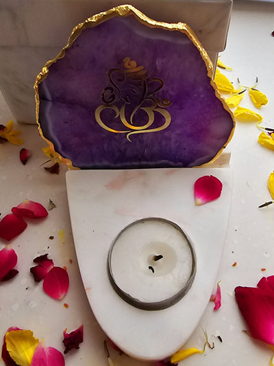 Ganesha Agate & Marble Base Tea Light Holder Purple