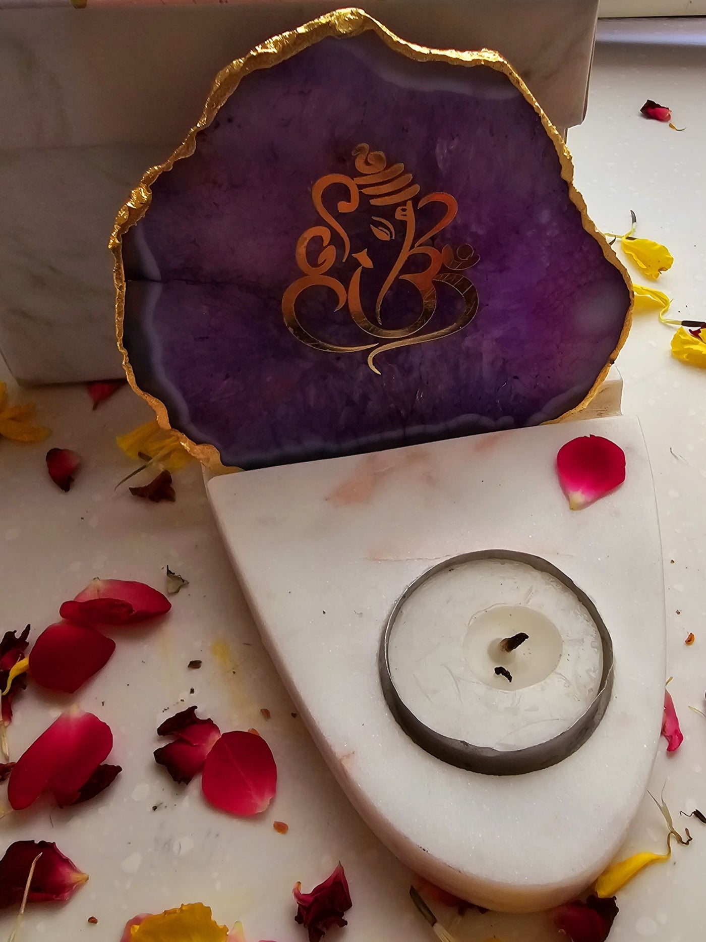 Ganesha Agate & Marble Base Tea Light Holder Purple