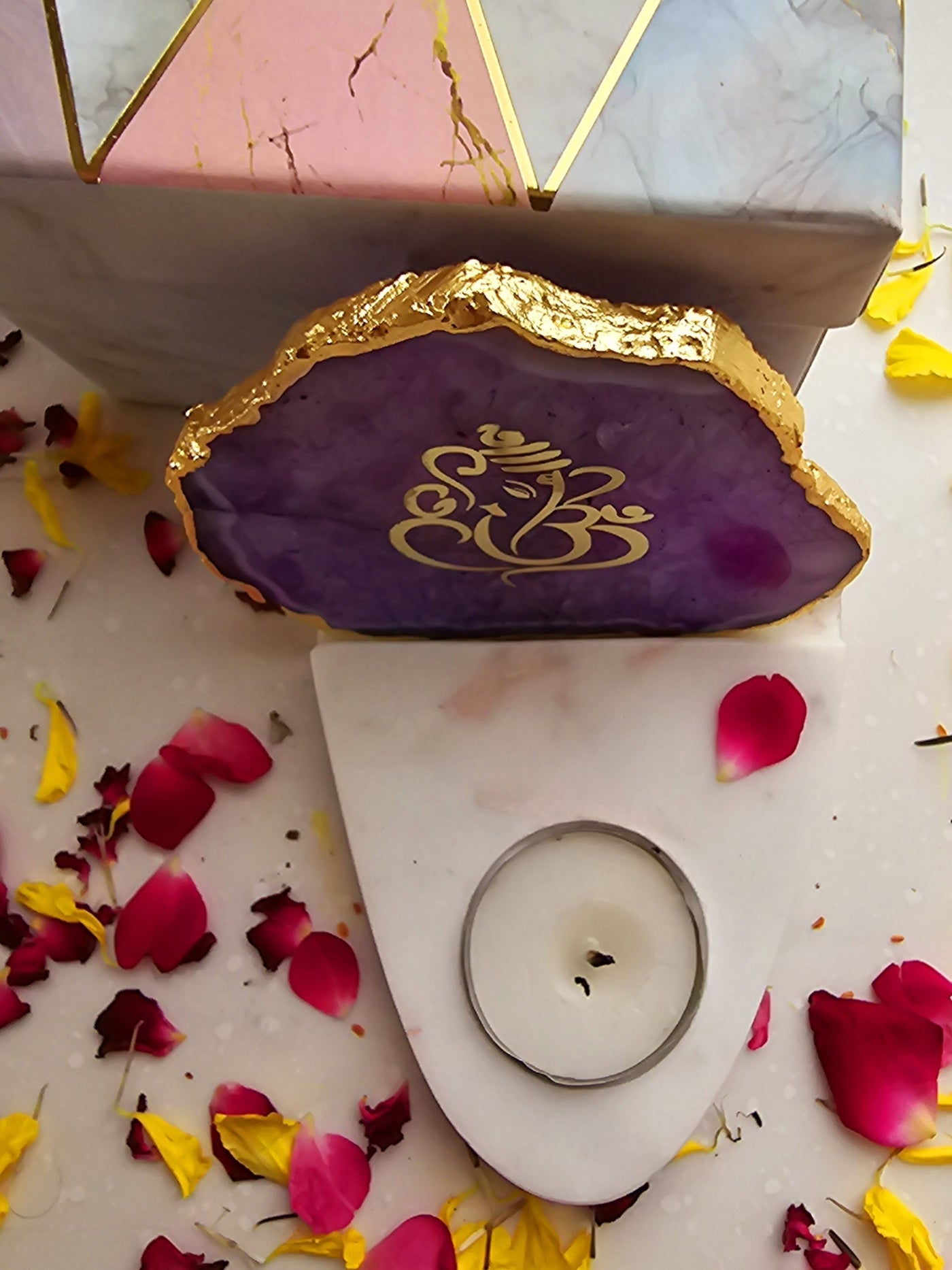 Ganesha Agate & Marble Base Tea Light Holder Purple