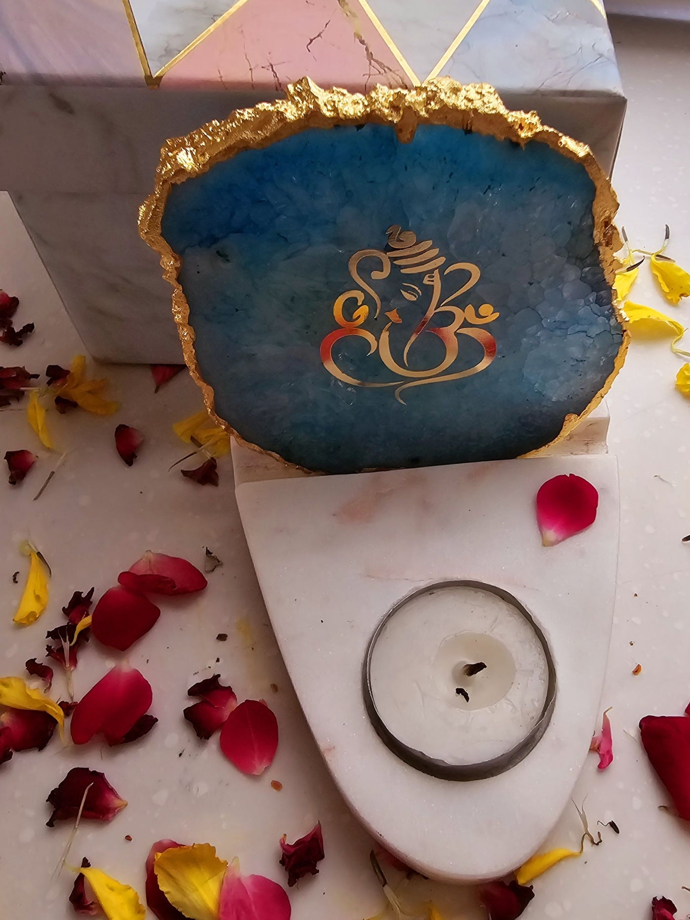 Ganesha Agate & Marble Base Tea Light Holder Turquoise