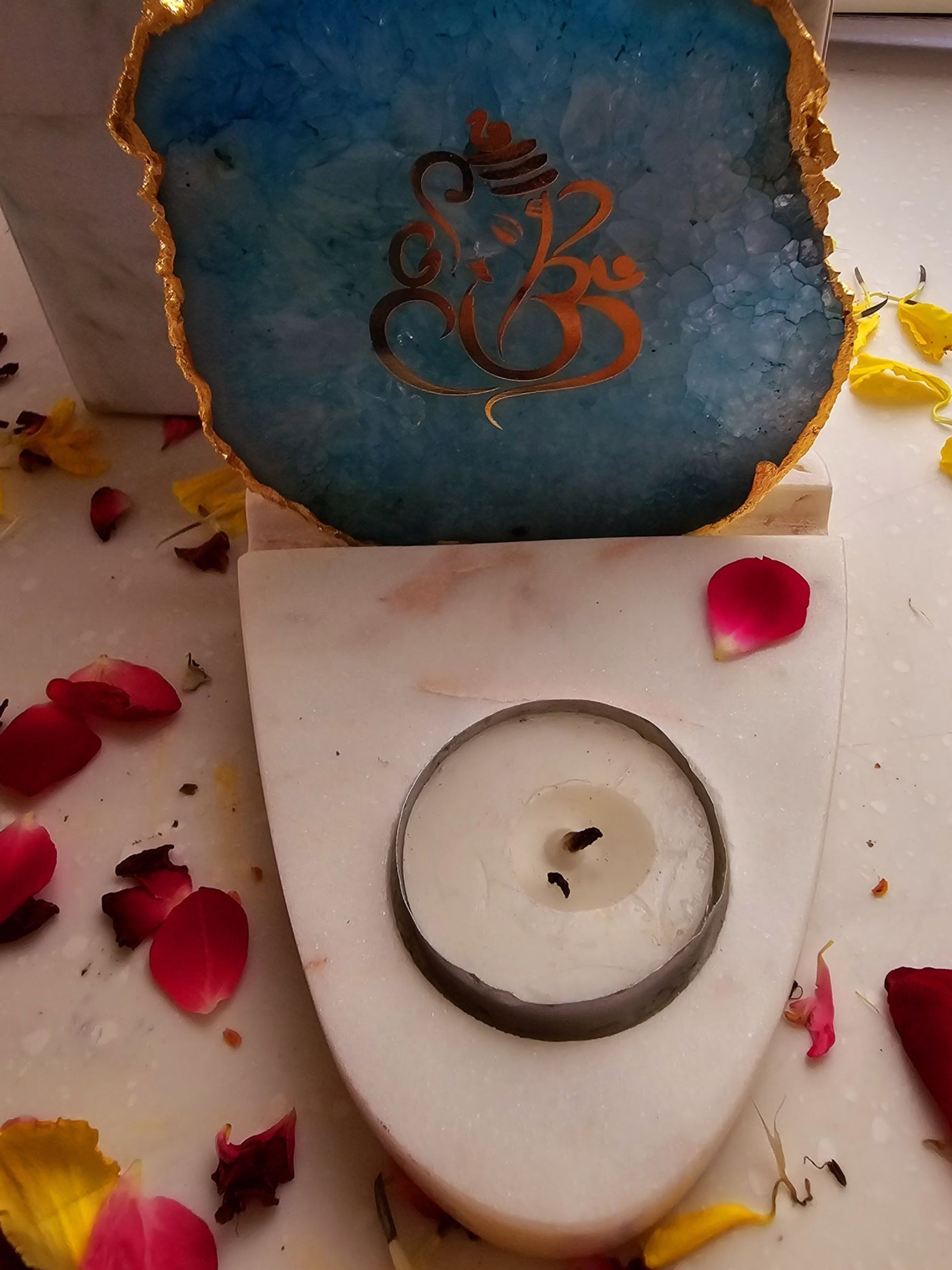 Ganesha Agate & Marble Base Tea Light Holder Turquoise