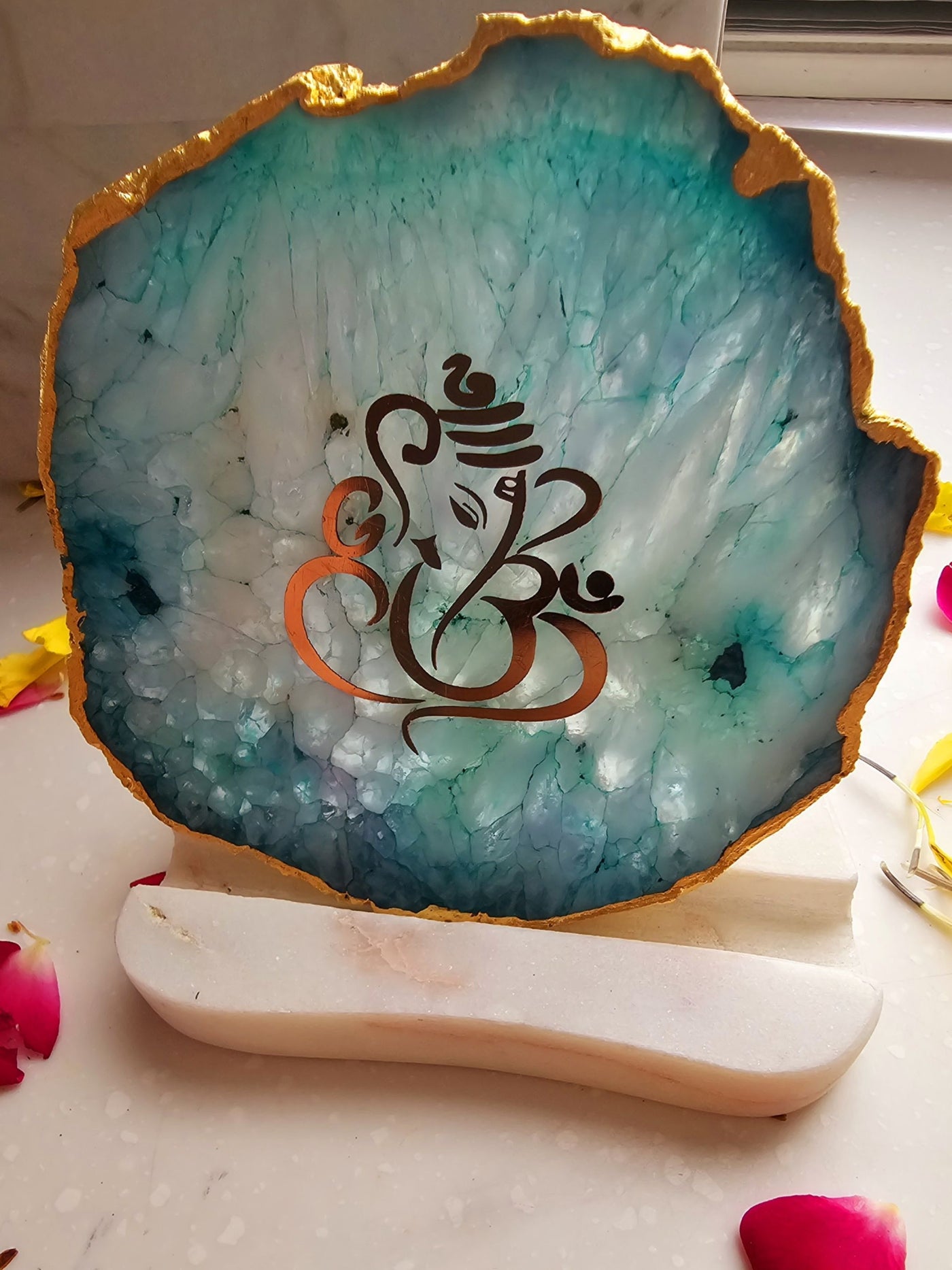 Ganesha Agate with Marble Tea light Religious Home Decor Green