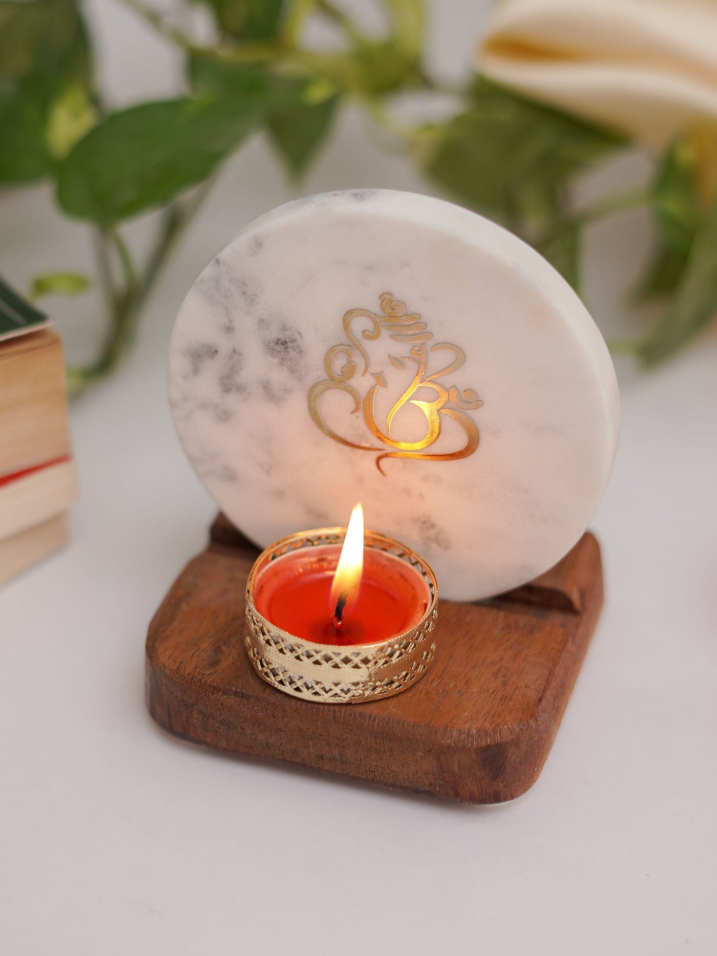 Tea Light Holder - Marble & Wood with Ganesha