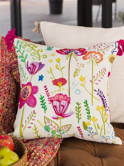 Hand Painted Cushion Cover - Gardenscape Fuchsia with Kantha Stitch