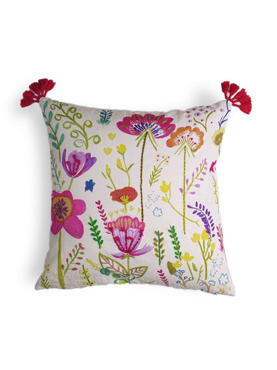 Hand Painted Cushion Cover - Gardenscape Fuchsia with Kantha Stitch