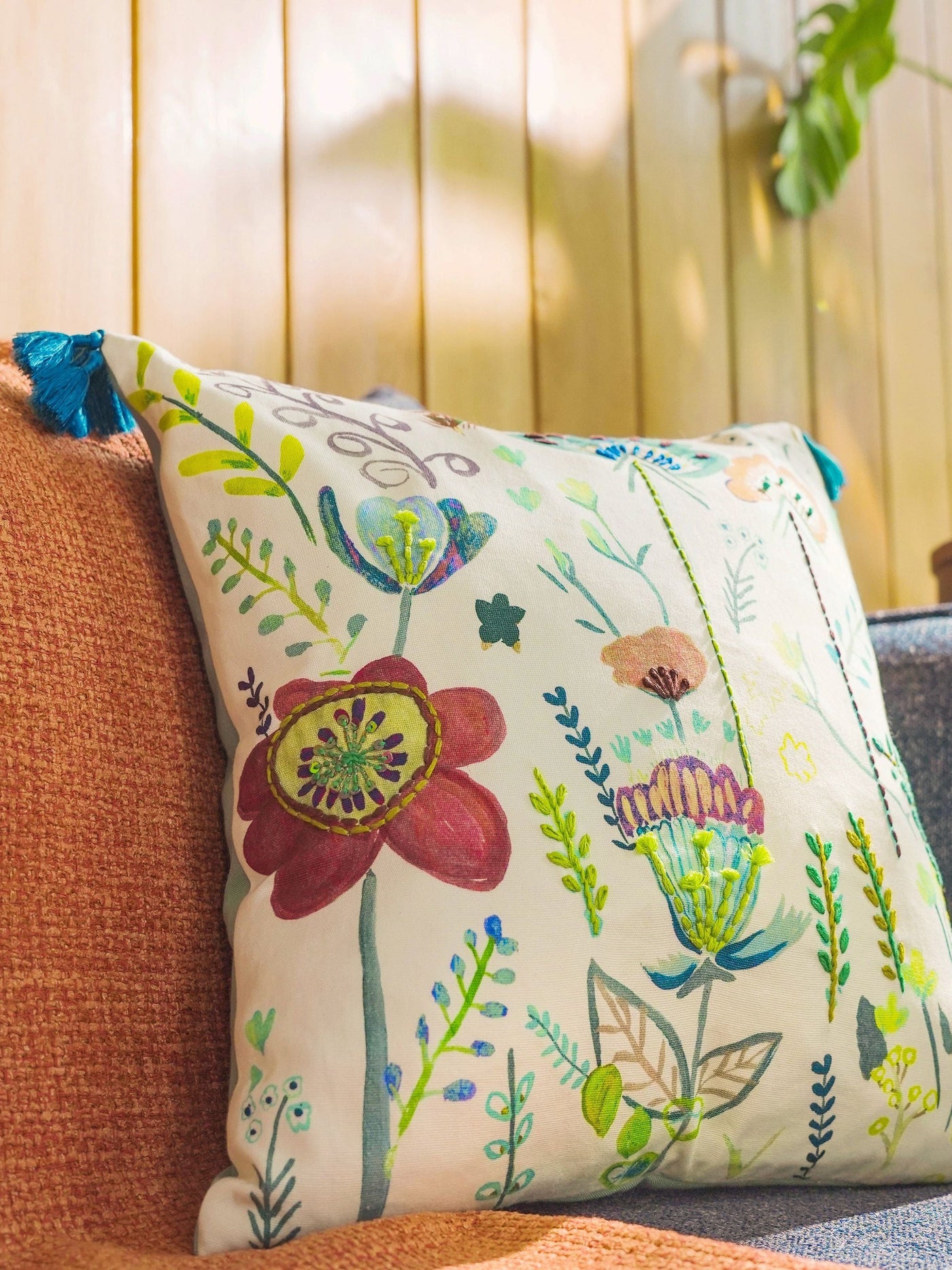 Hand Painted Cushion Cover - Gardenscape Turquoise with Kantha Stitch