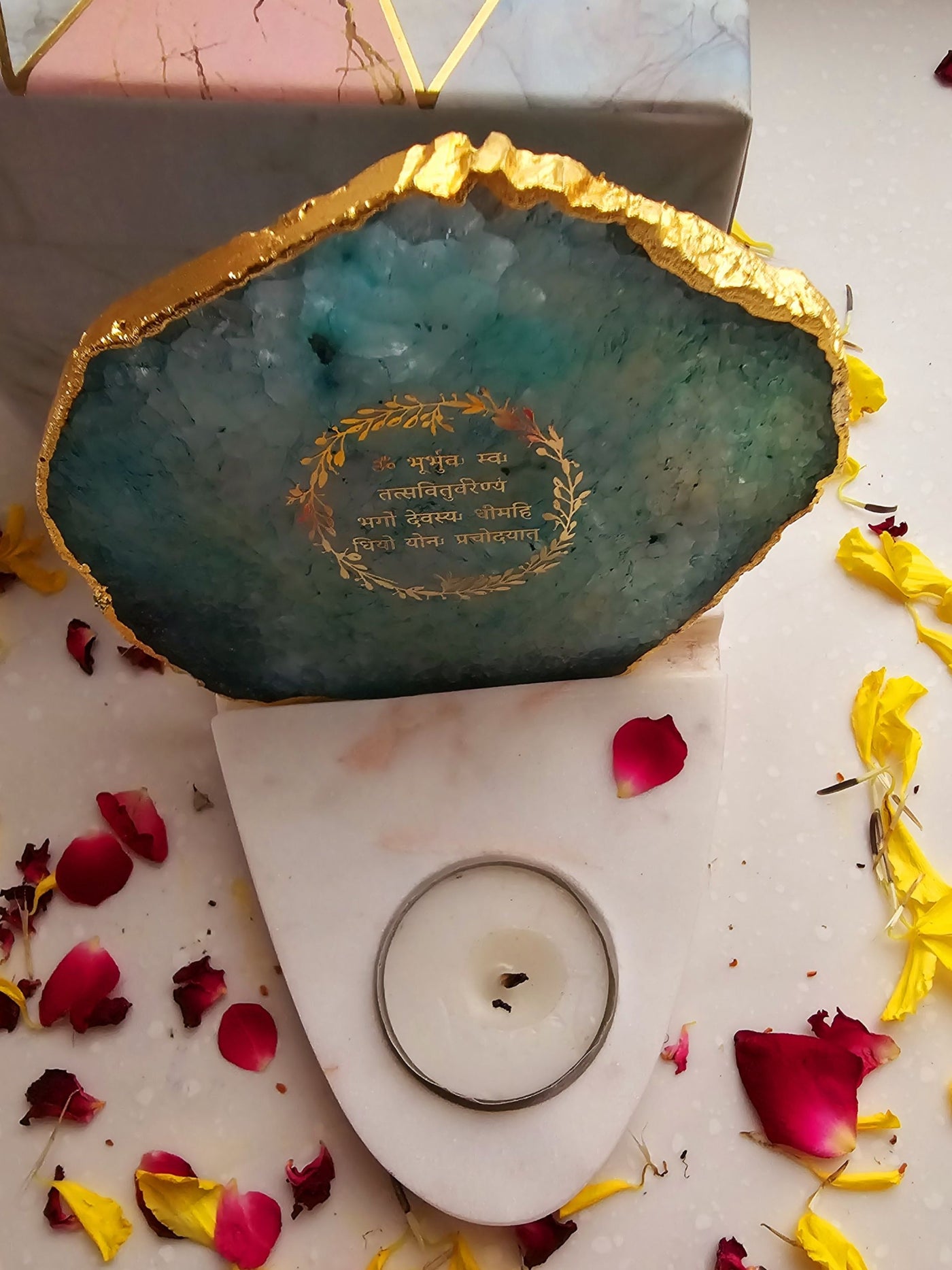 Gayatri Mantra Agate & Marble Base Tea Light Holder Green