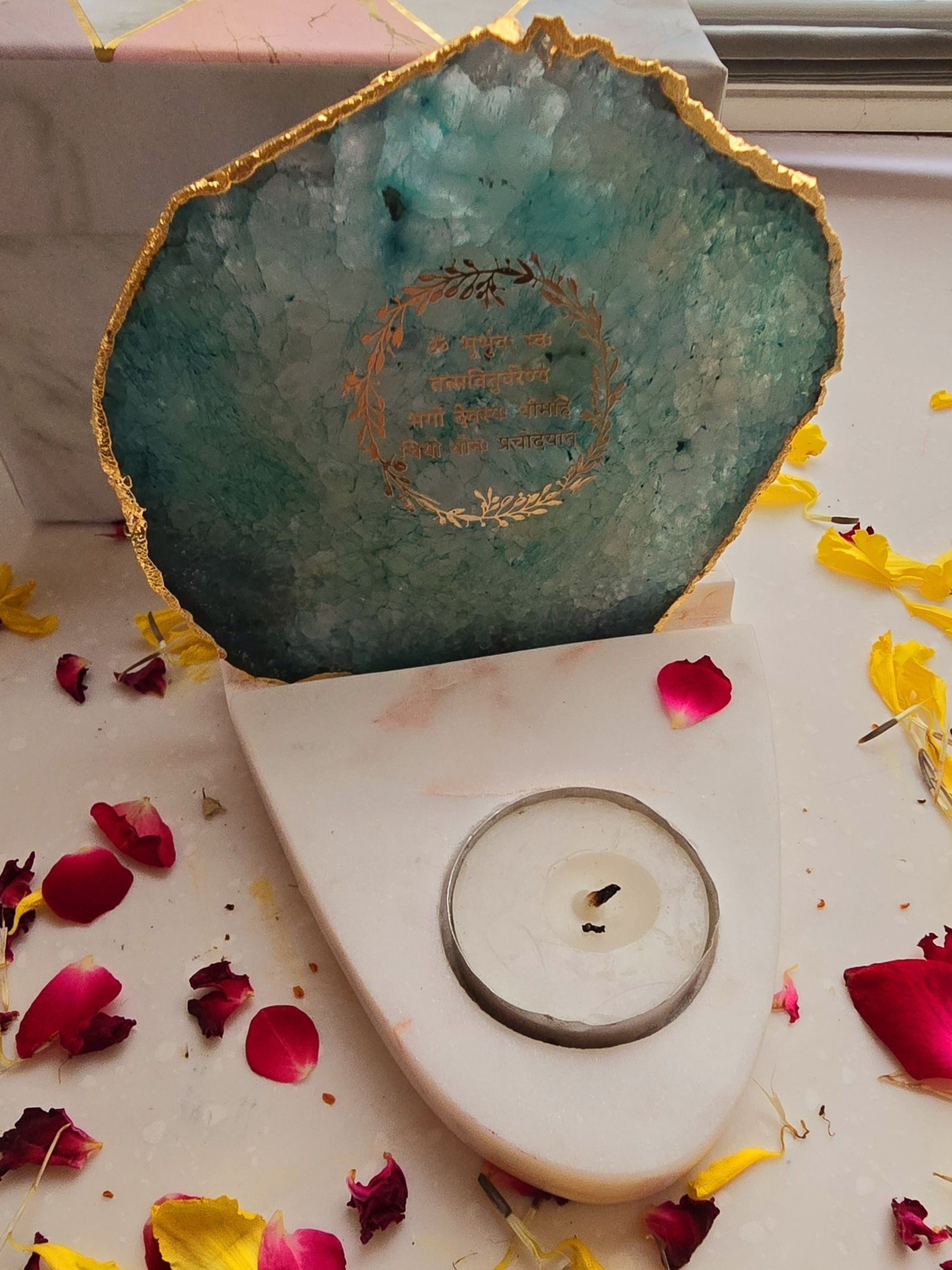 Gayatri Mantra Agate & Marble Base Tea Light Holder