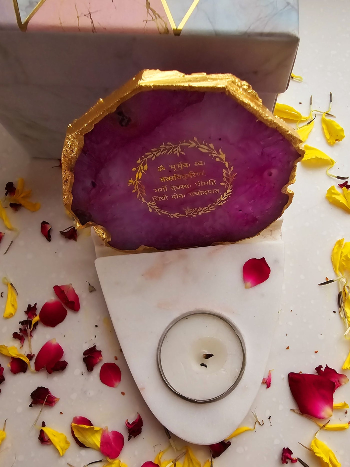 Gayatri Mantra Agate & Marble Base Tea Light Holder Pink