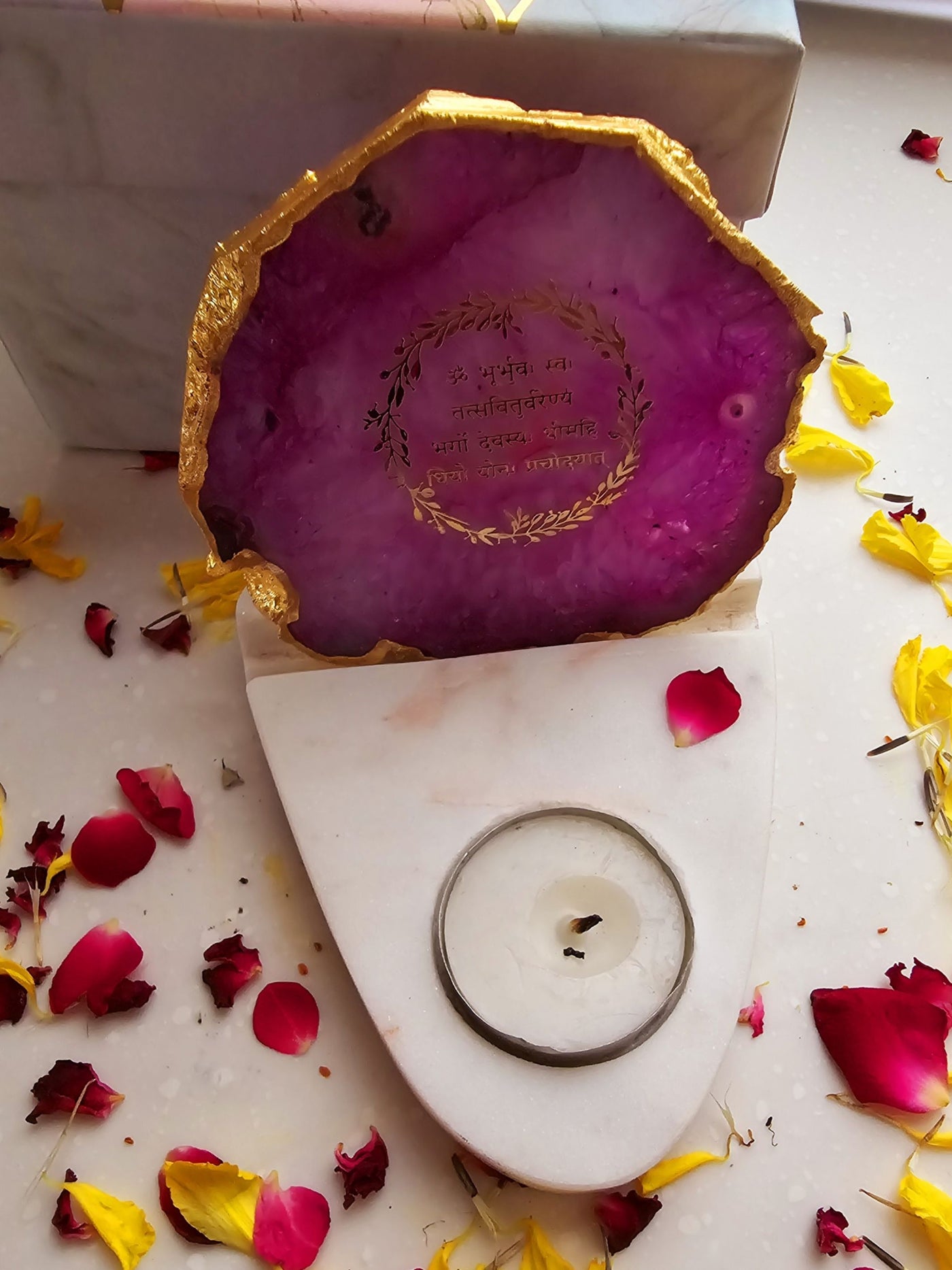 Gayatri Mantra Agate & Marble Base Tea Light Holder Pink