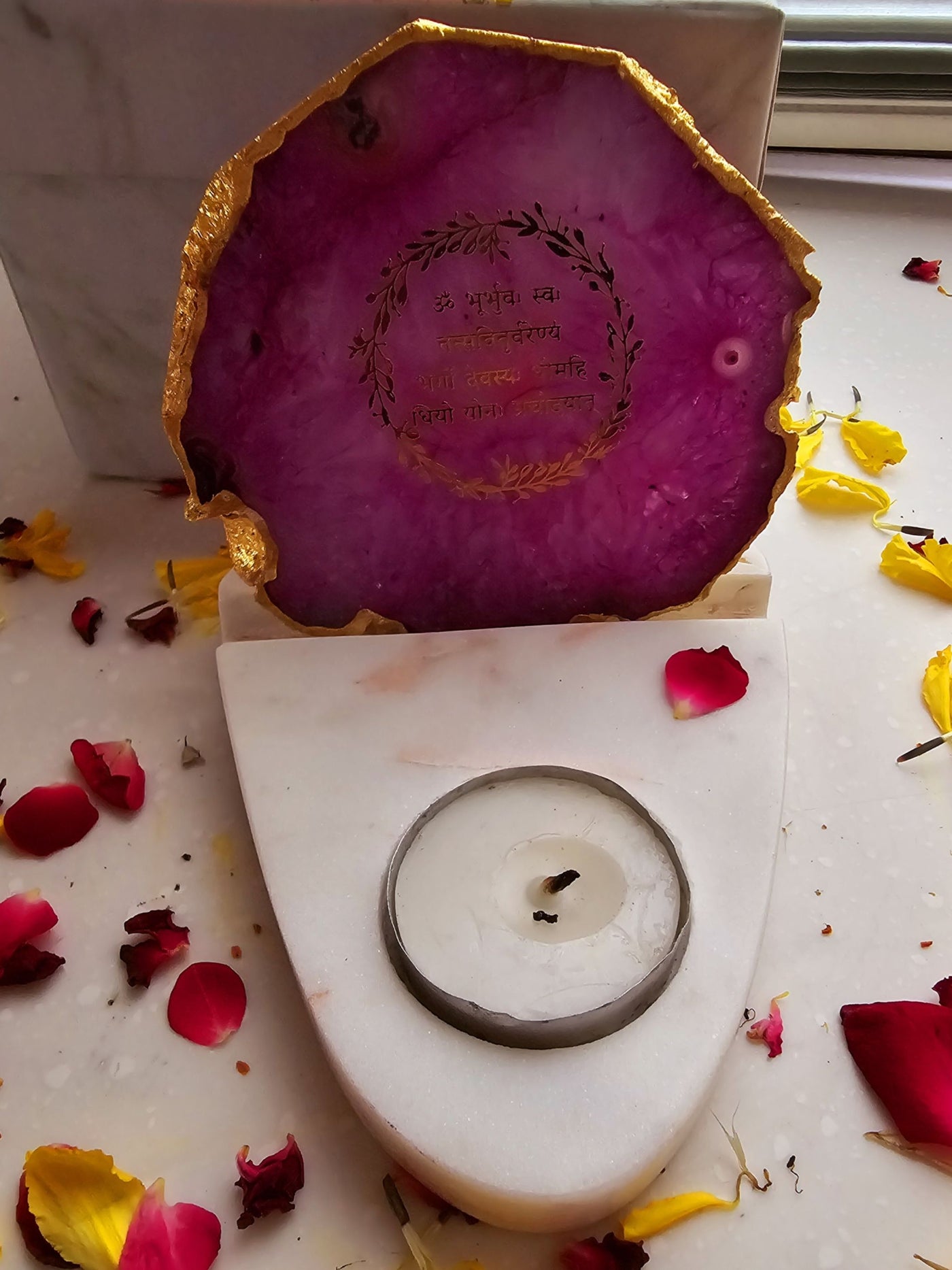 Gayatri Mantra Agate & Marble Base Tea Light Holder Pink