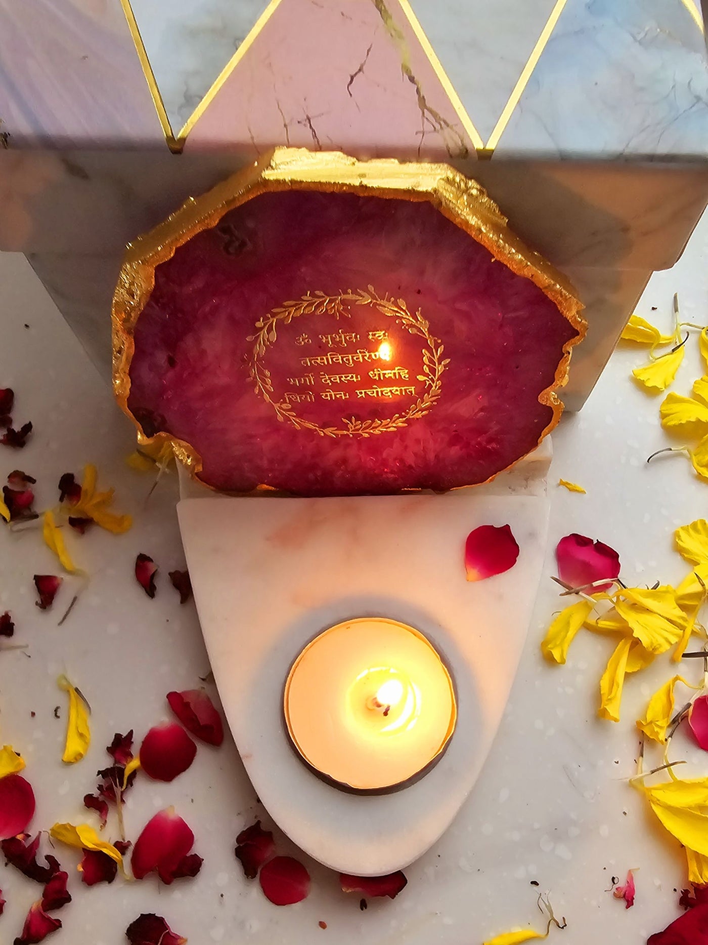 Gayatri Mantra Agate & Marble Base Tea Light Holder Pink