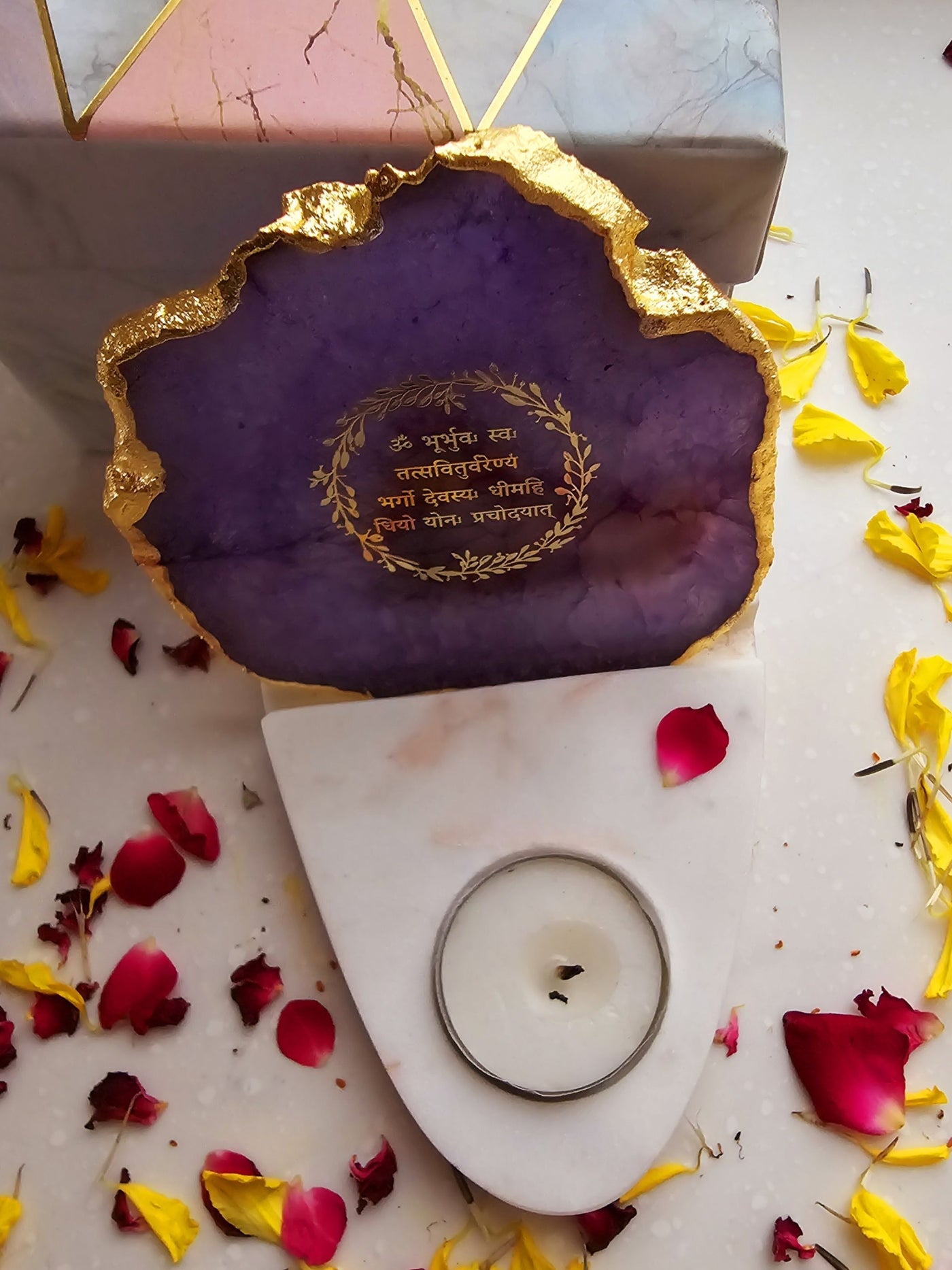 Gayatri Mantra Agate & Marble Base Tea Light Holder Purple