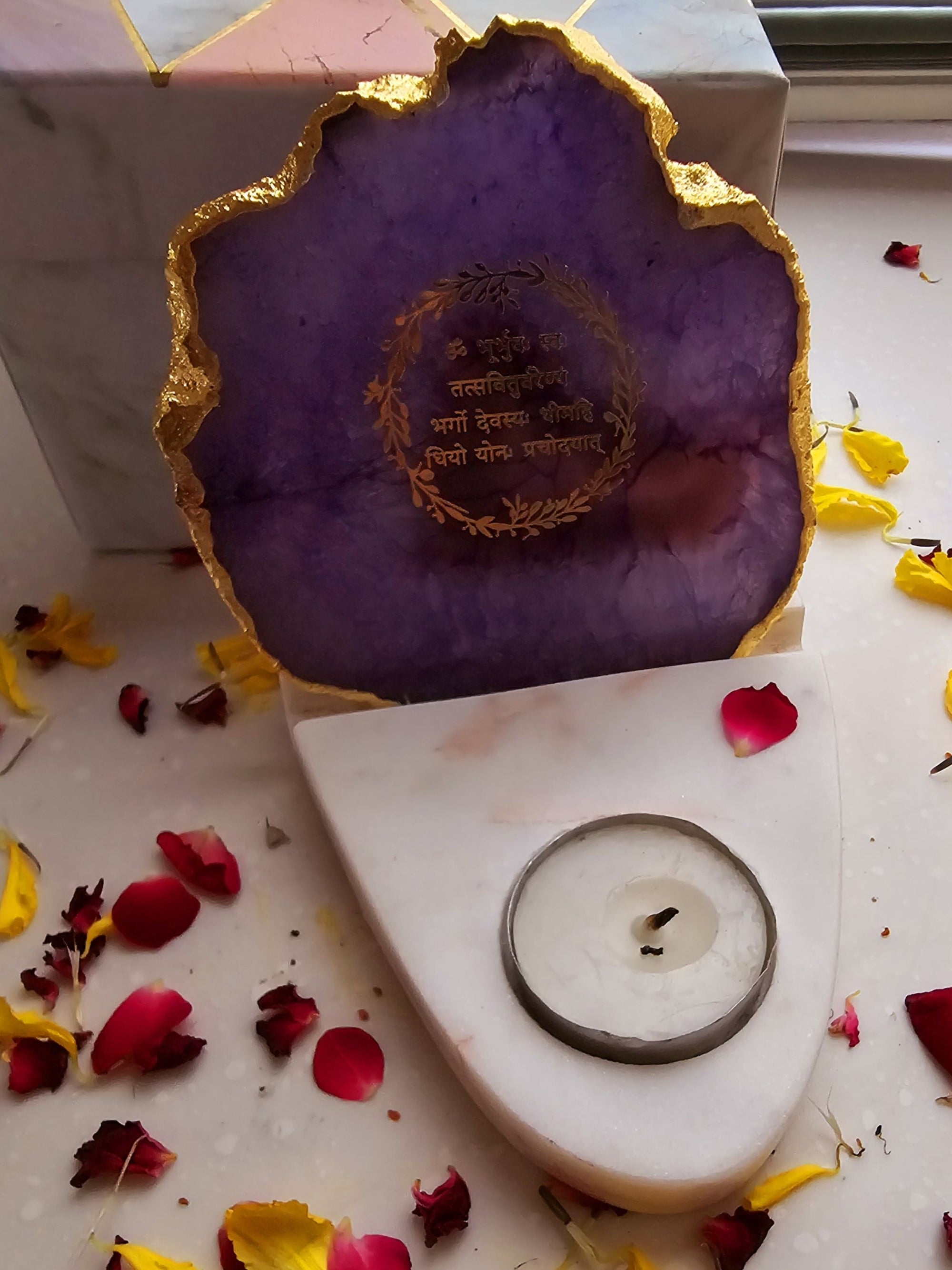 Gayatri Mantra Agate & Marble Base Tea Light Holder