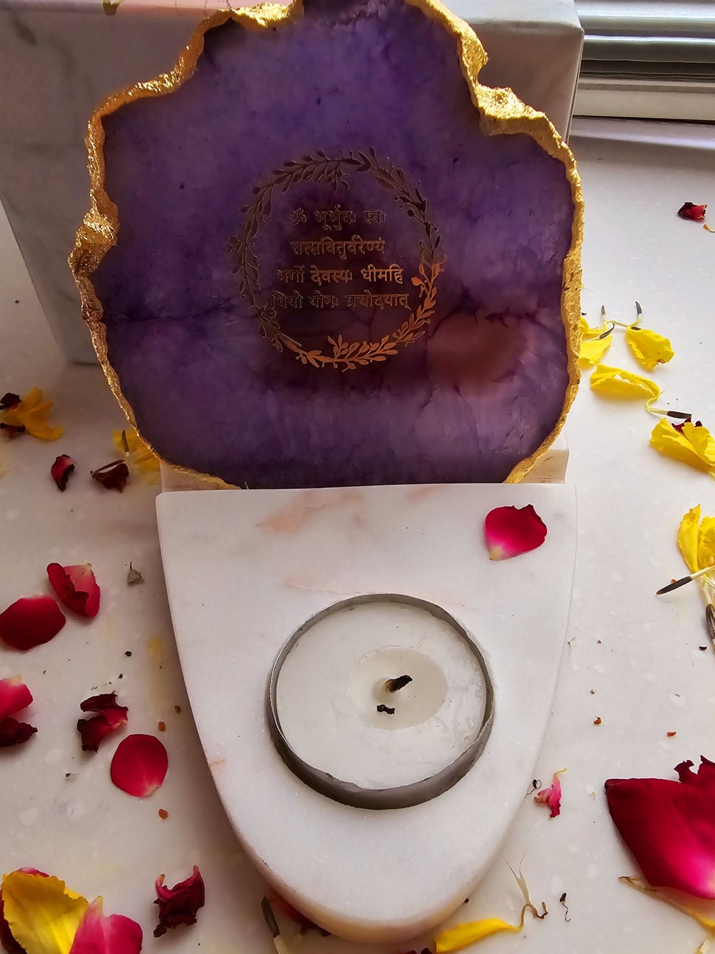 Gayatri Mantra Agate & Marble Base Tea Light Holder Purple