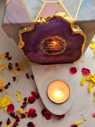 Gayatri Mantra Agate & Marble Base Tea Light Holder Purple