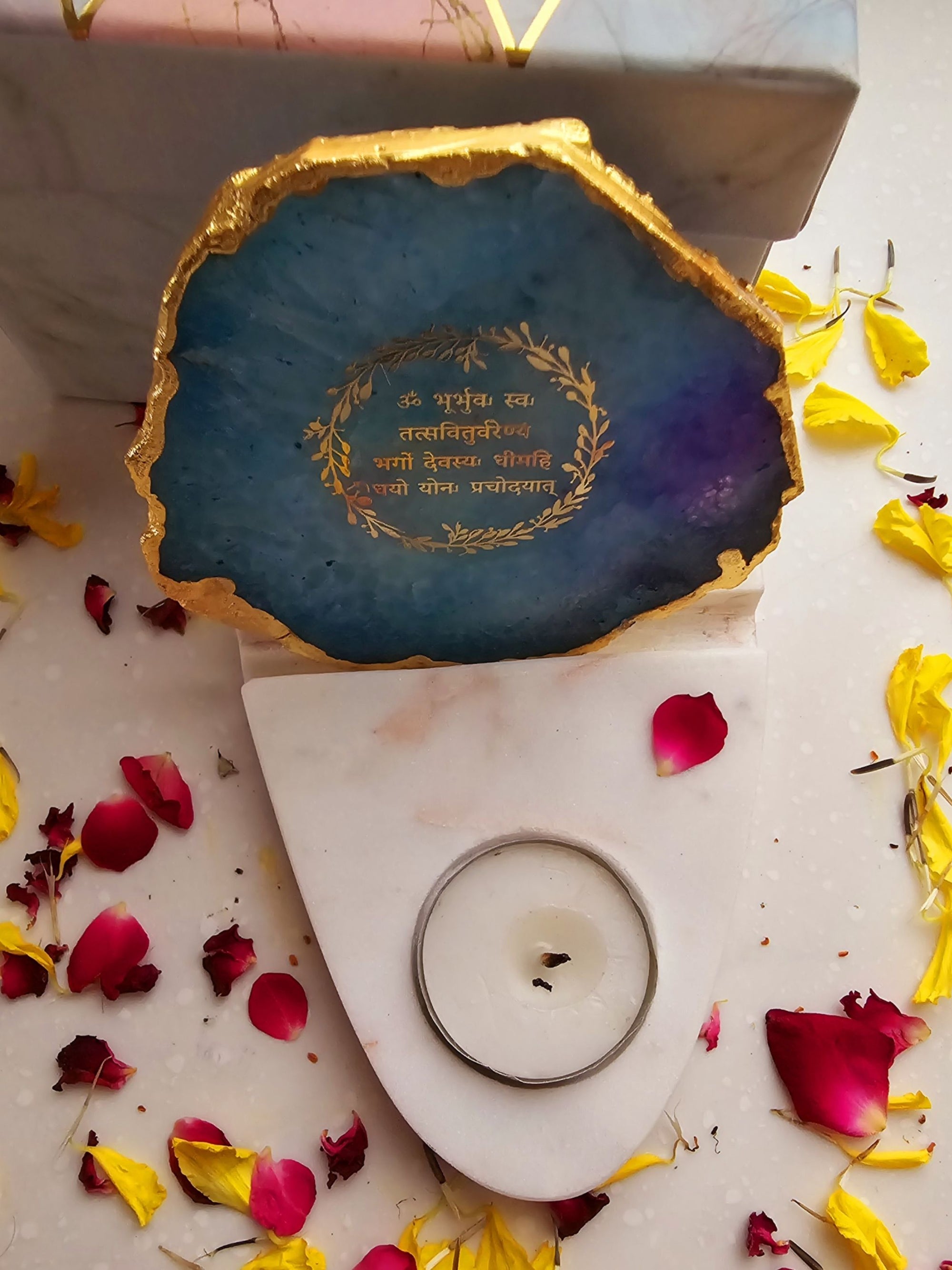 Gayatri Mantra Agate & Marble Base Tea Light Holder