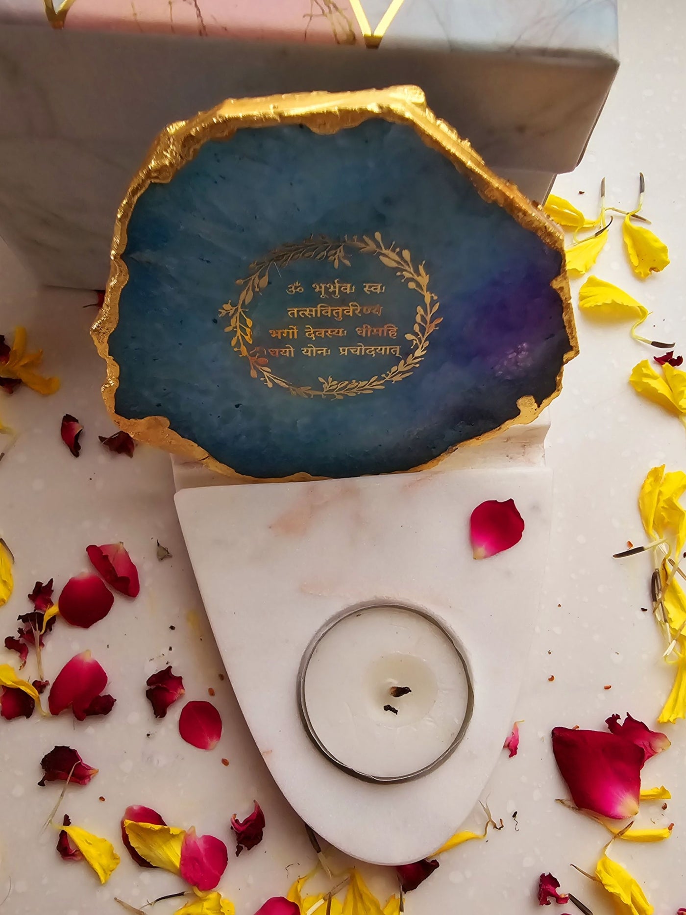 Gayatri Mantra Agate & Marble Base Tea Light Holder Turquoise