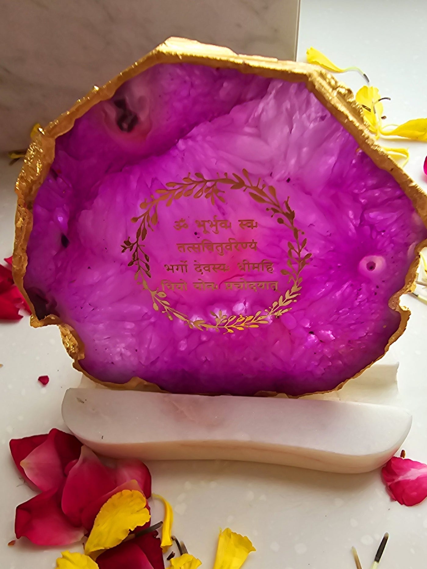 Gayatri Mantra Agate with Marble Tea light Religious Home Decor Pink