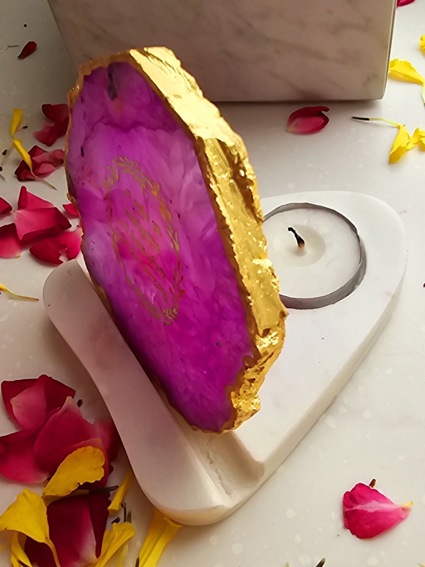 Gayatri Mantra Agate with Marble Tea light Religious Home Decor Pink