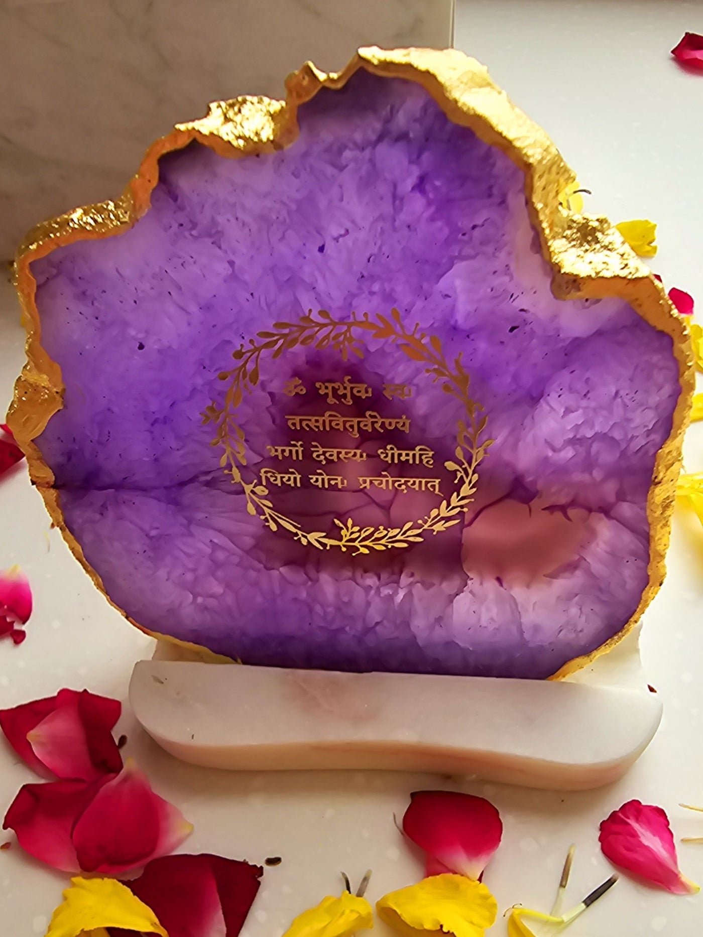 Gayatri Mantra Agate with Marble Tea light Religious Home Decor Purple