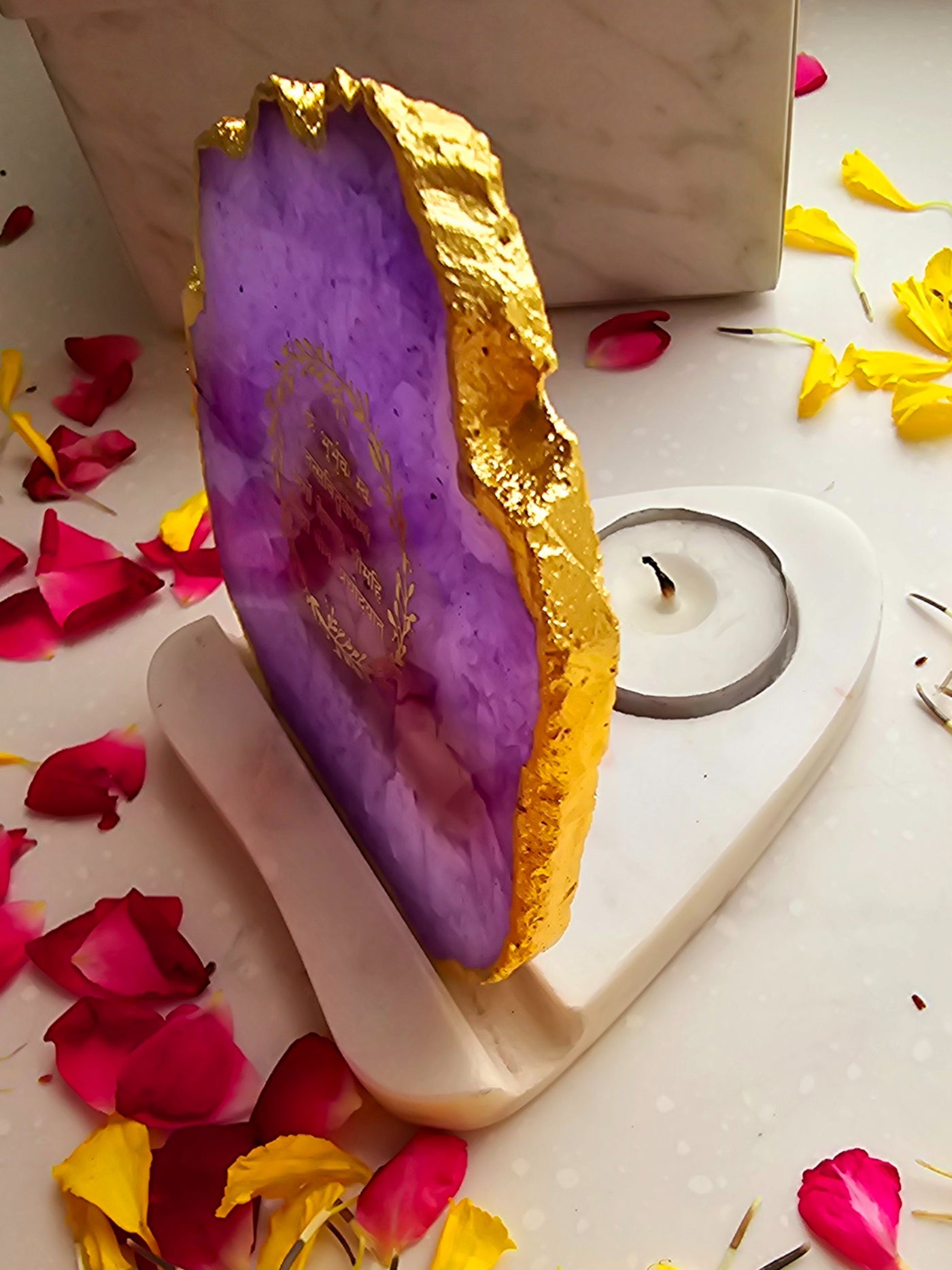 Gayatri Mantra Agate with Marble Tea light Religious Home Decor Purple