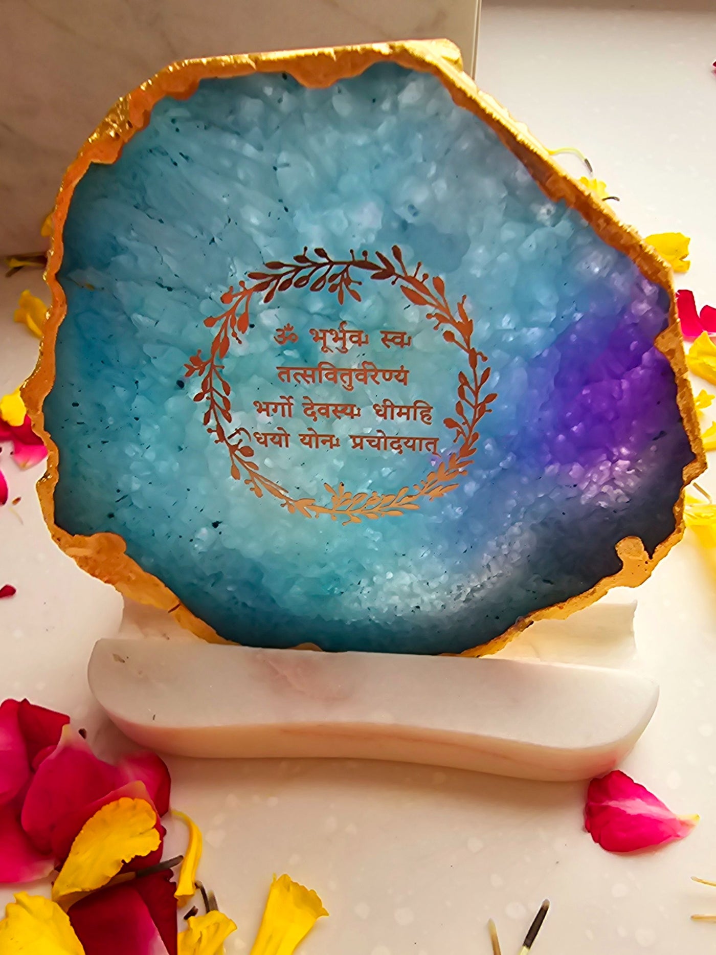 Gayatri Mantra Agate with Marble Tea light Religious Home Decor Turquoise