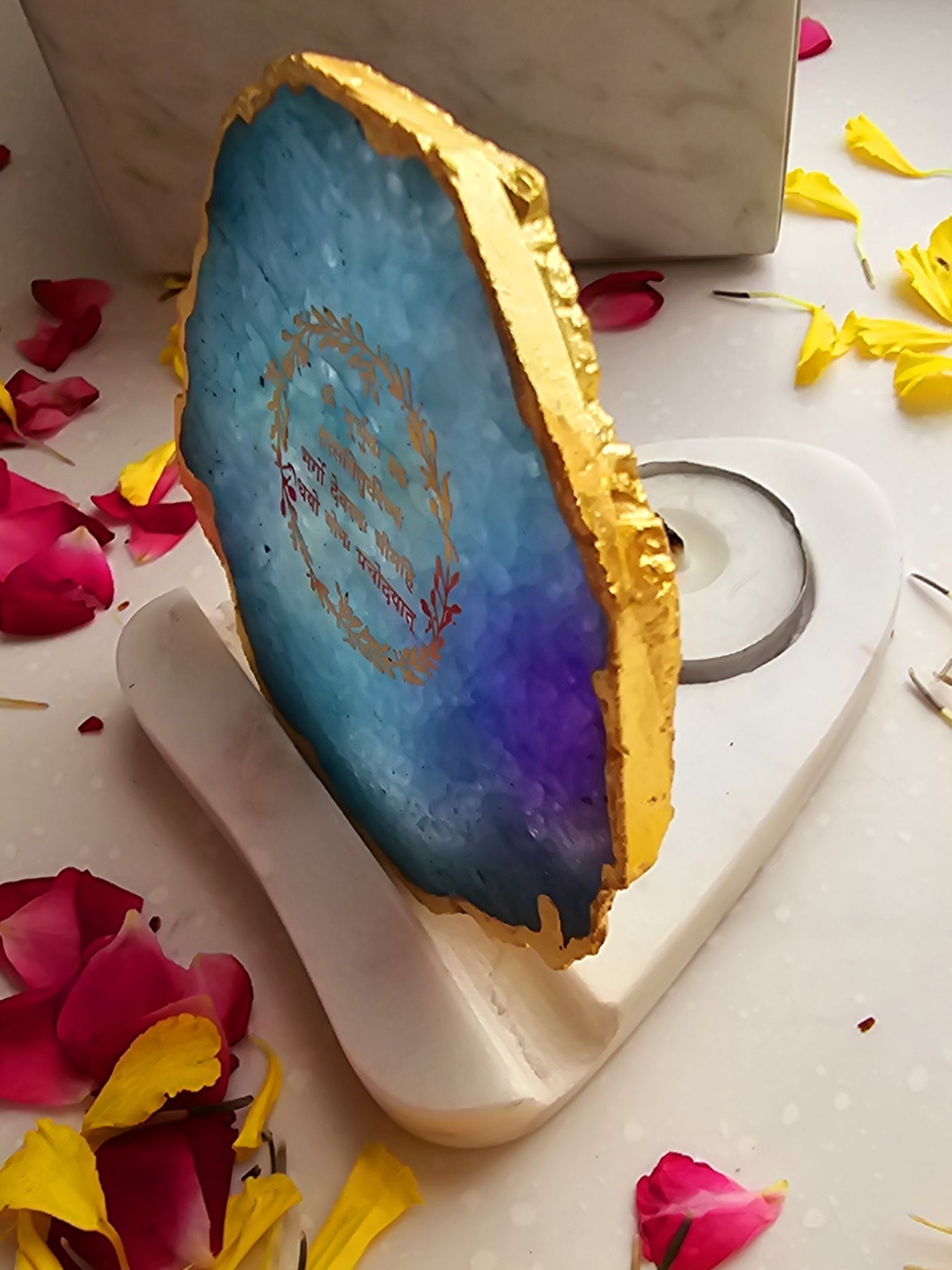 Gayatri Mantra Agate with Marble Tea light Religious Home Decor Turquoise