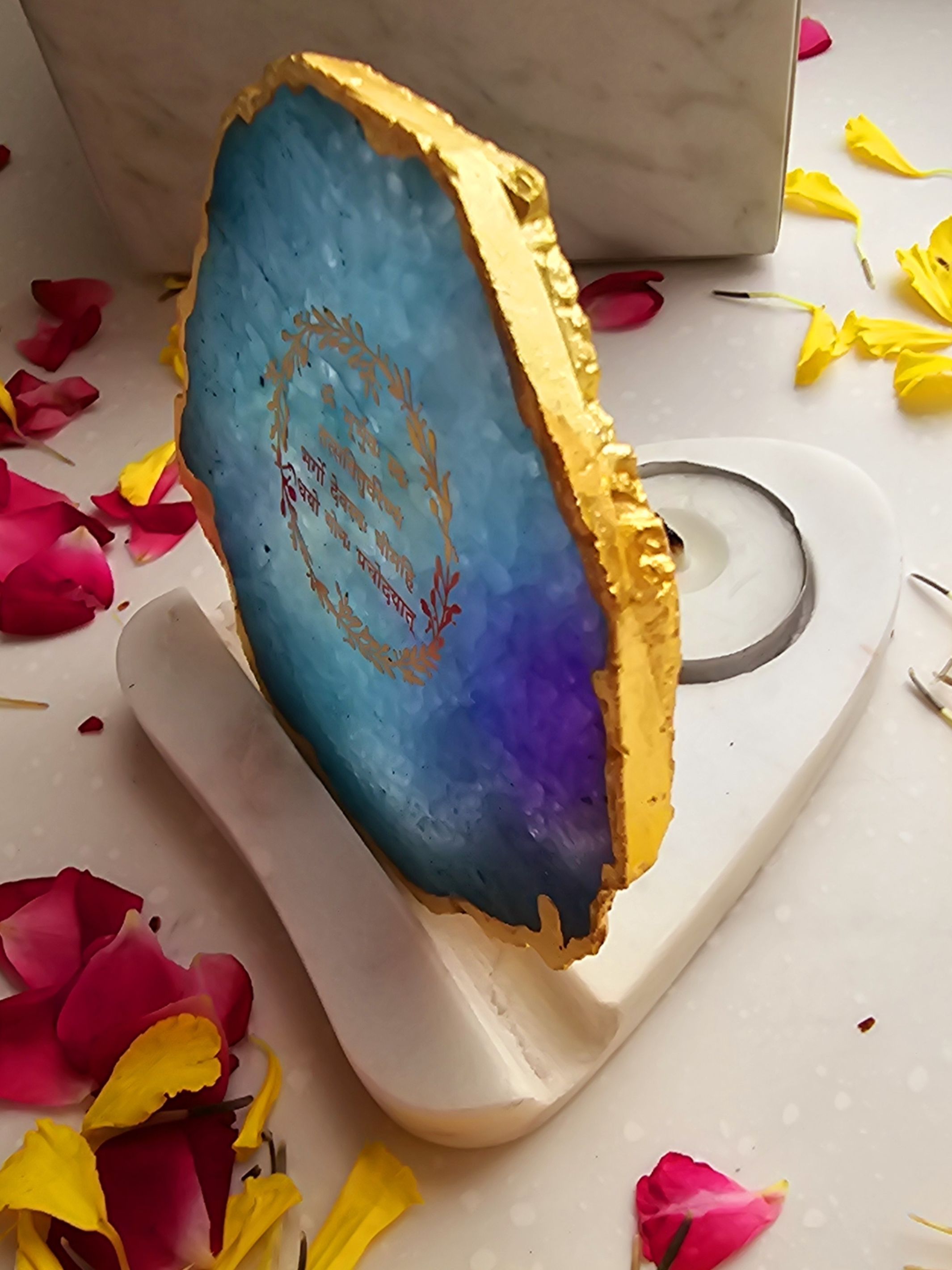 Gayatri Mantra Agate with Marble Tea light Religious Home Decor