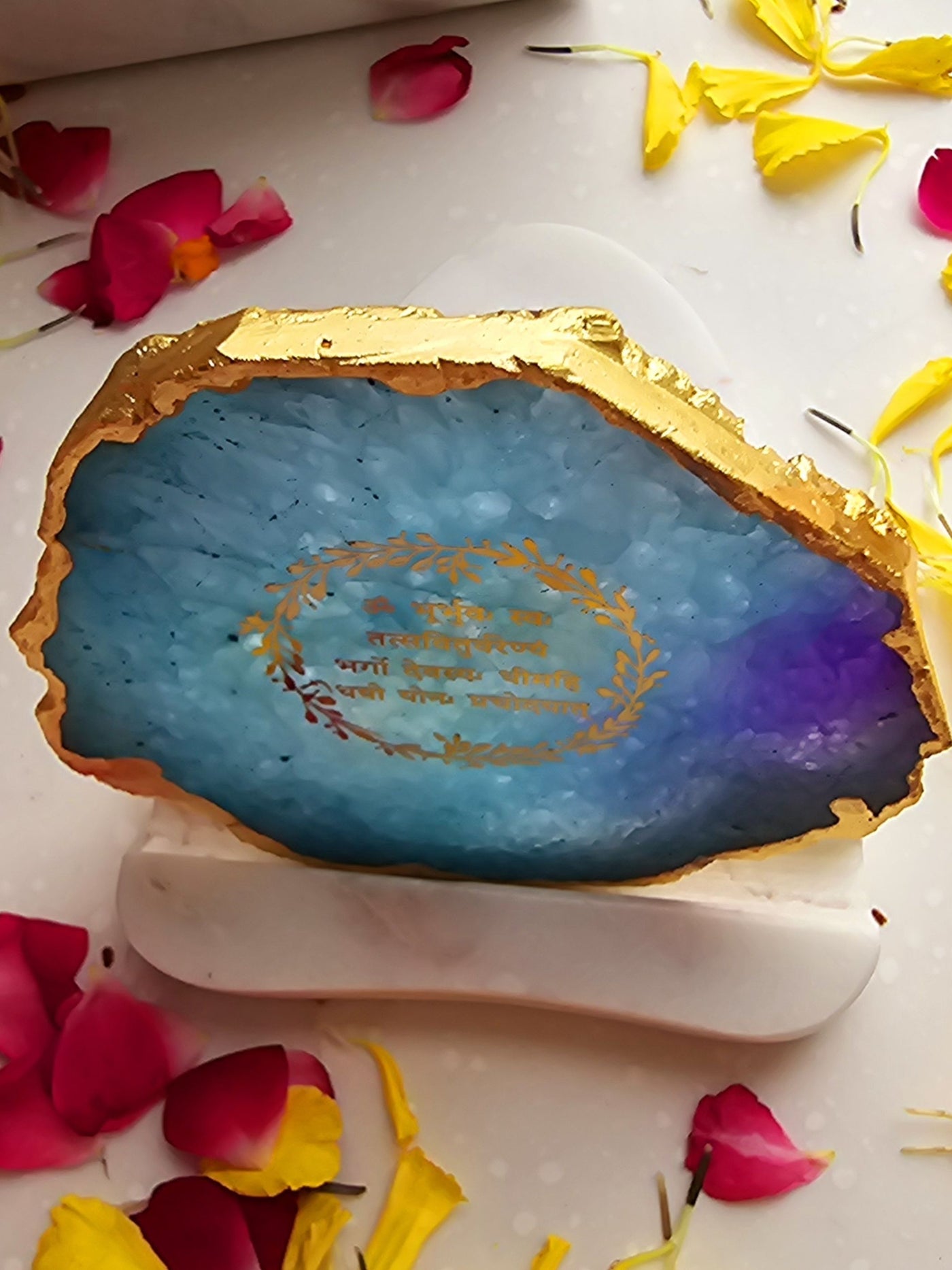 Gayatri Mantra Agate with Marble Tea light Religious Home Decor Turquoise